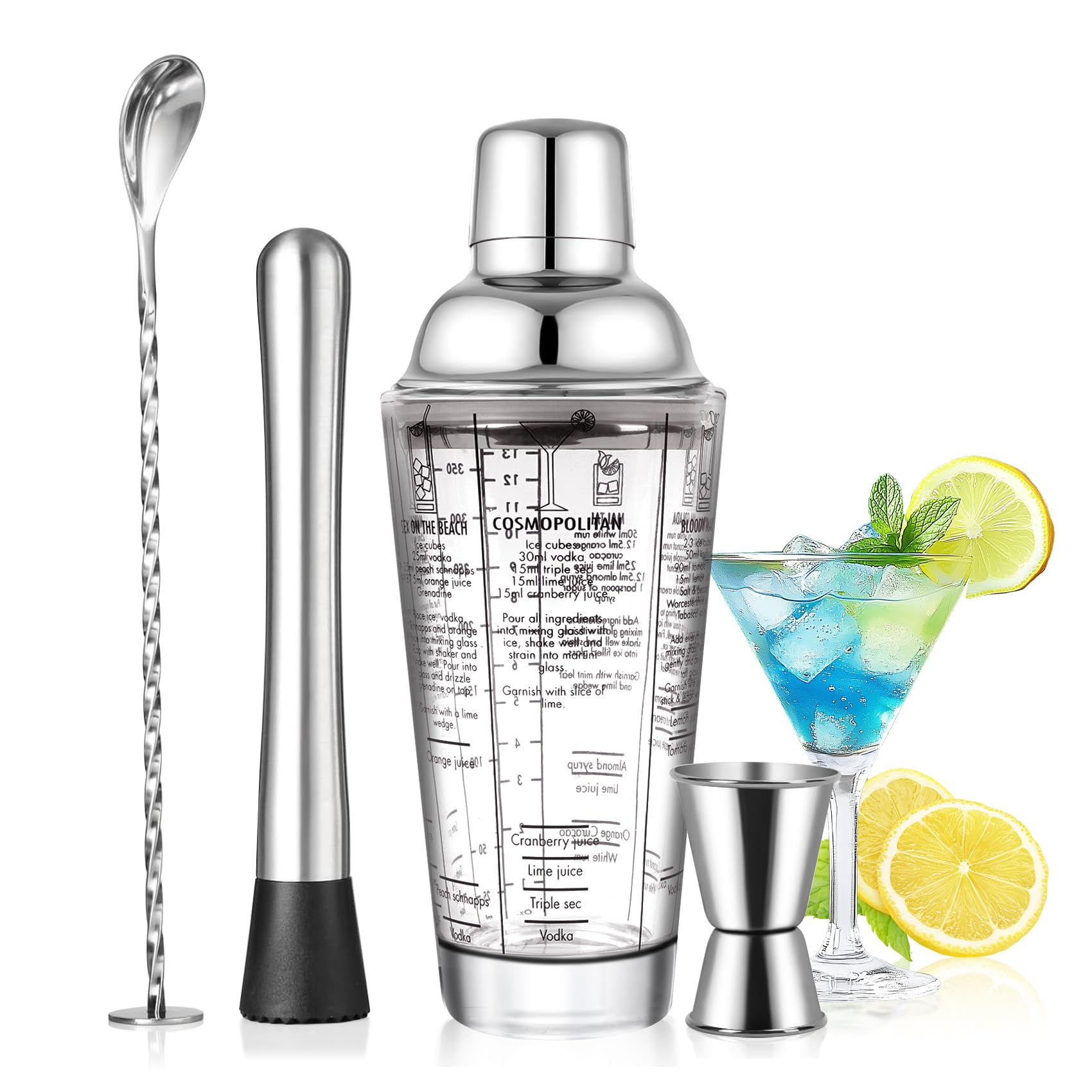 14oz Cocktail-Shaker-Set aus Glas, 4-teiliges Barkeeper-Set, Martini-Mixer-Shaker mit integriertem Sieb, Rührlöffel, Messbecher und Stößel, Bar-Werkzeugset für Anfänger (Silber)