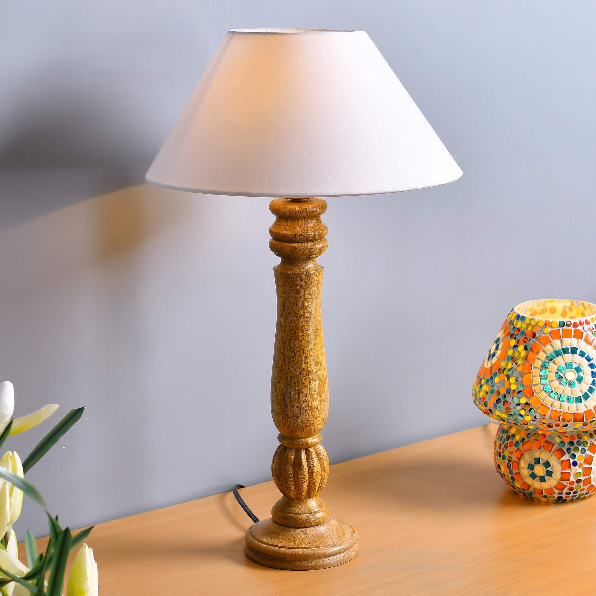 Homesake® Handcrafted Wooden Table Lamp for Bedroom & Living Room|Decorative Bedside Reading Lamp with, E27 Holder|Bulb Included|Classic Natural Victorian Base for Home Décor, White Shade