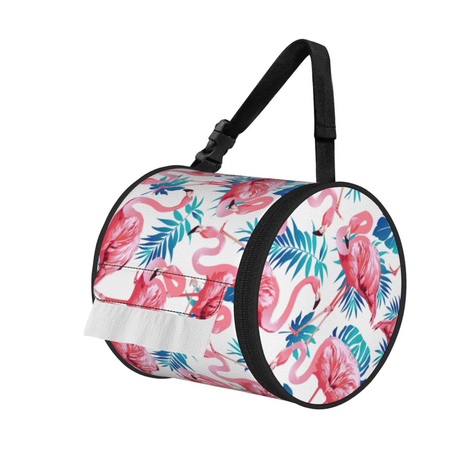 Flamingo Bird Green Plant Leaf Print Cylinder Tissue Holder Bag With Strap, Portable Roll Dispenser Case For Car Rv Camping