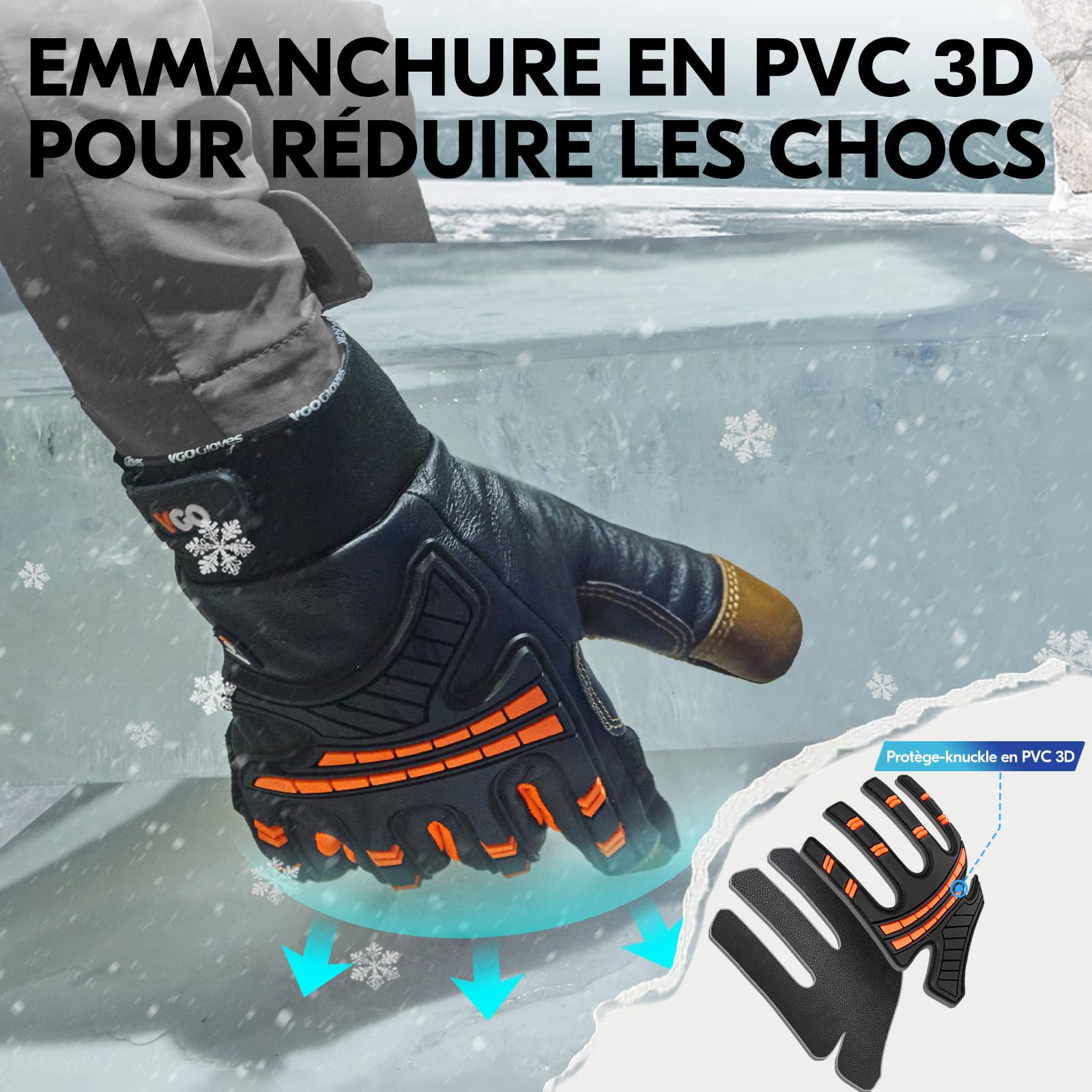 Vgo...-20 °C gants d'hiver en cuir de chèvre intégral doublés(GA8954FW,L) | Orange,isolation C100,-20 °C et plus,Doublure résistante à l'eau,écran tactile,doux,construction,extérieur,ferme,conduite