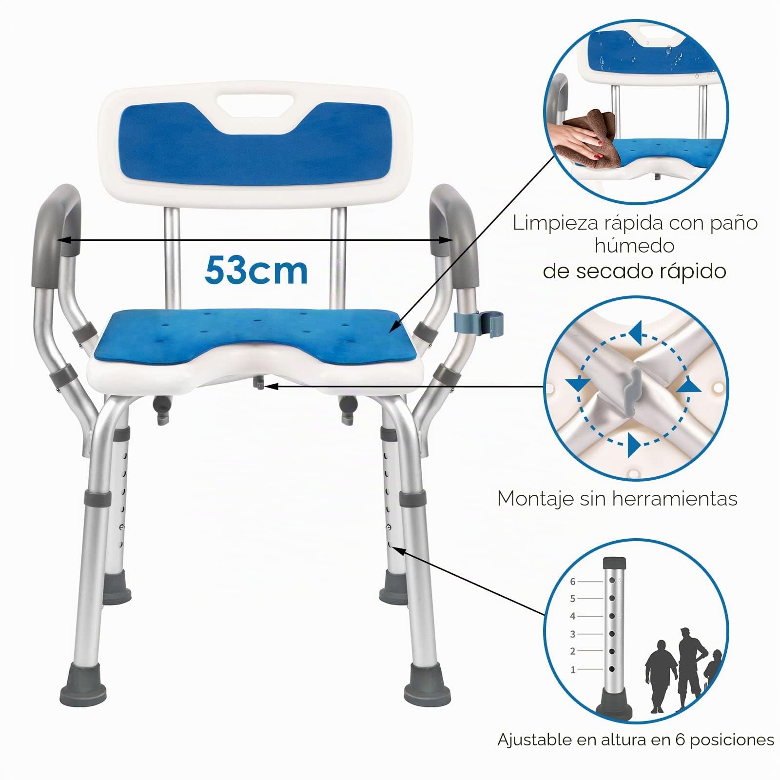 EasyVibe Silla de Ducha para Personas Mayores Con Reposabrazos y Respaldo - Asiento de Baño Sin Herramientas, Altura Ajustable, Capacidad