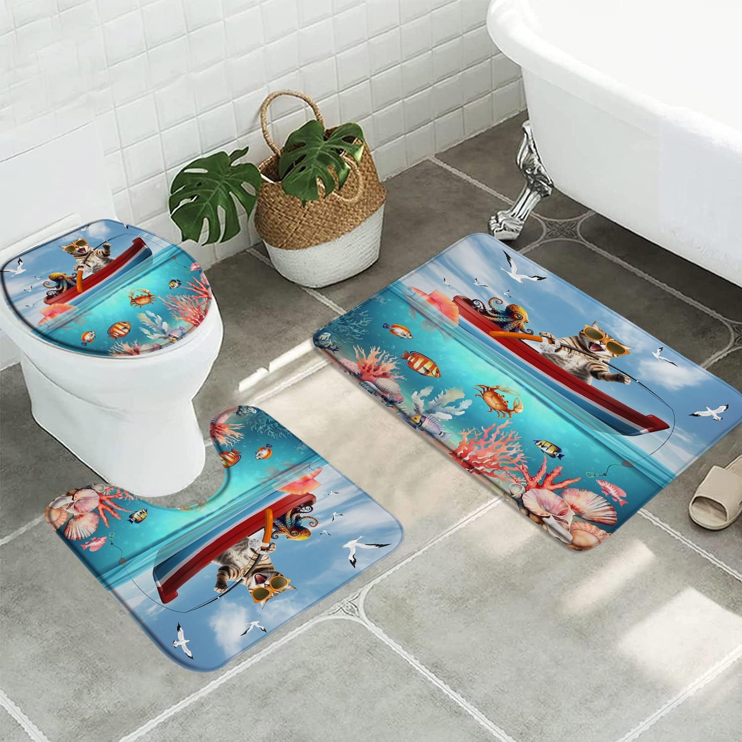 Amazon.com: 3pcs Funny Cat Bathroom Sets with Non-Slip Rug,Toilet Lid ...