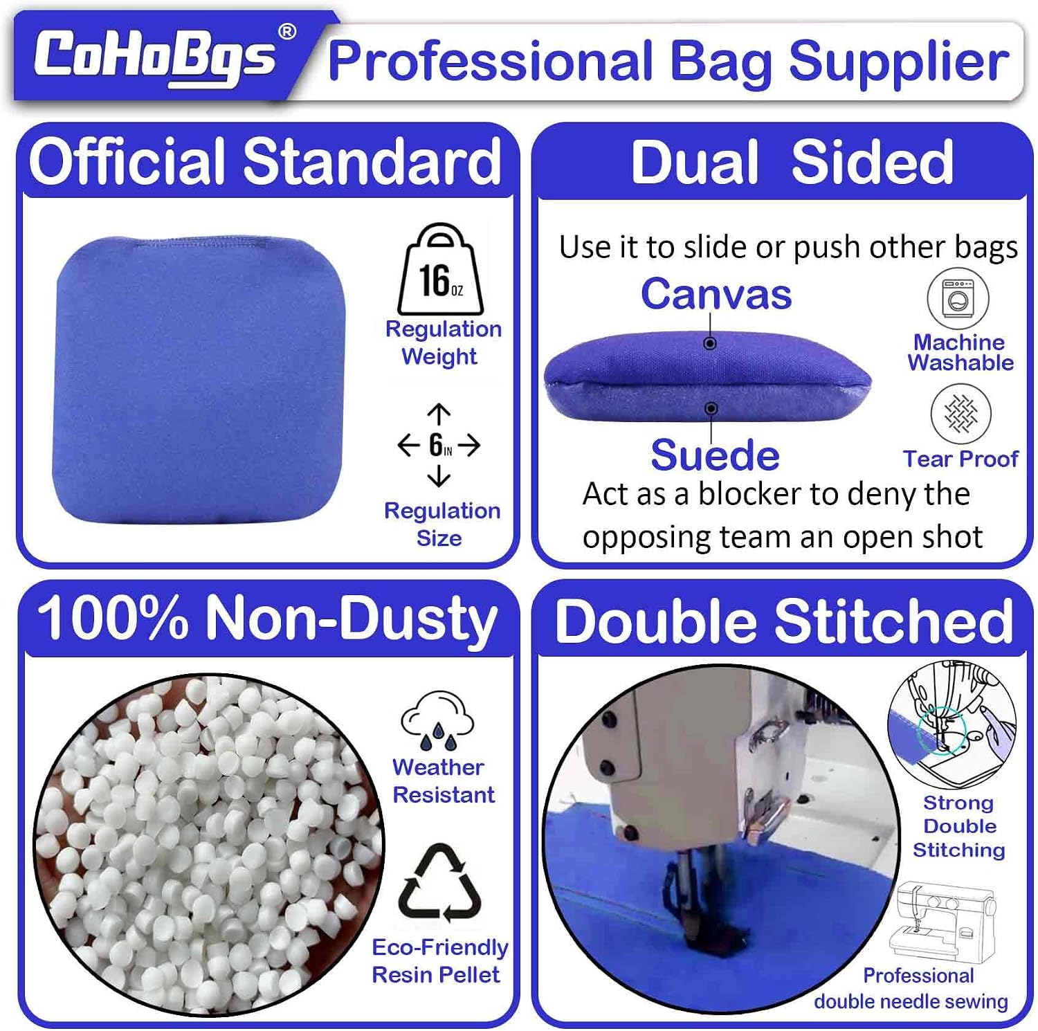 CoHoBgs Corn Hole Bags Set 8, Professional Cornhole Bags Dual-Sided Slick & Stick Resin Filled Suede and Duck Canvas Bean Bag for Cornhole Game Includes Carry Case