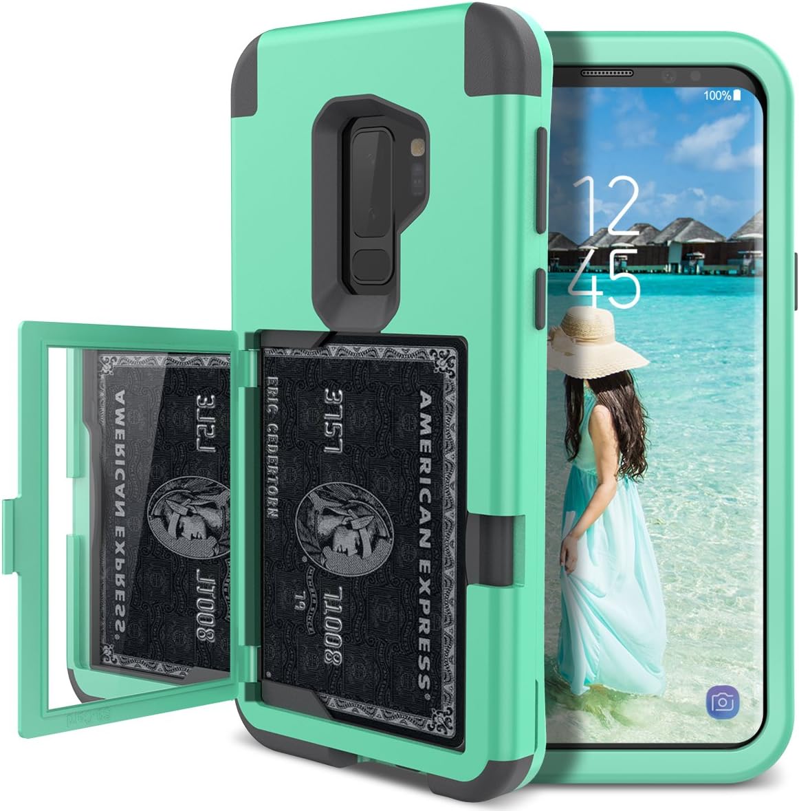 WeLoveCase S9 Plus Wallet Case Defender Wallet Design with Mirror and Card Holder Heavy Duty Protection Shockproof 3 in 1 All-Round Armor Protective Case for Samsung Galaxy S9 Plus - Green