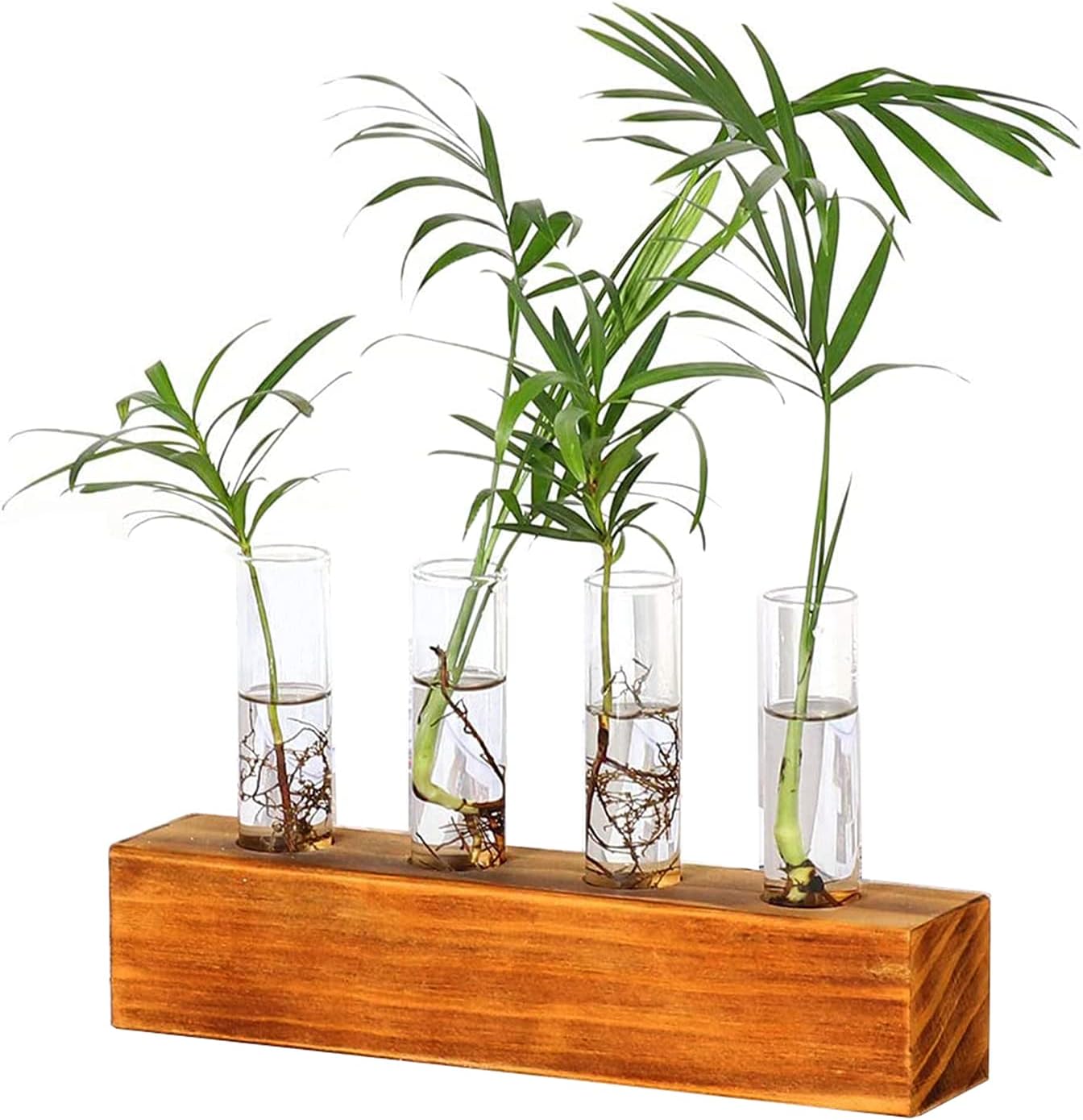 Kingbuy 4 Test Tubes Glass Planter Terrarium Flower Vase with Wooden Holder for Propagation Hydroponic Plant Home Office Desktop Decoration, Brown