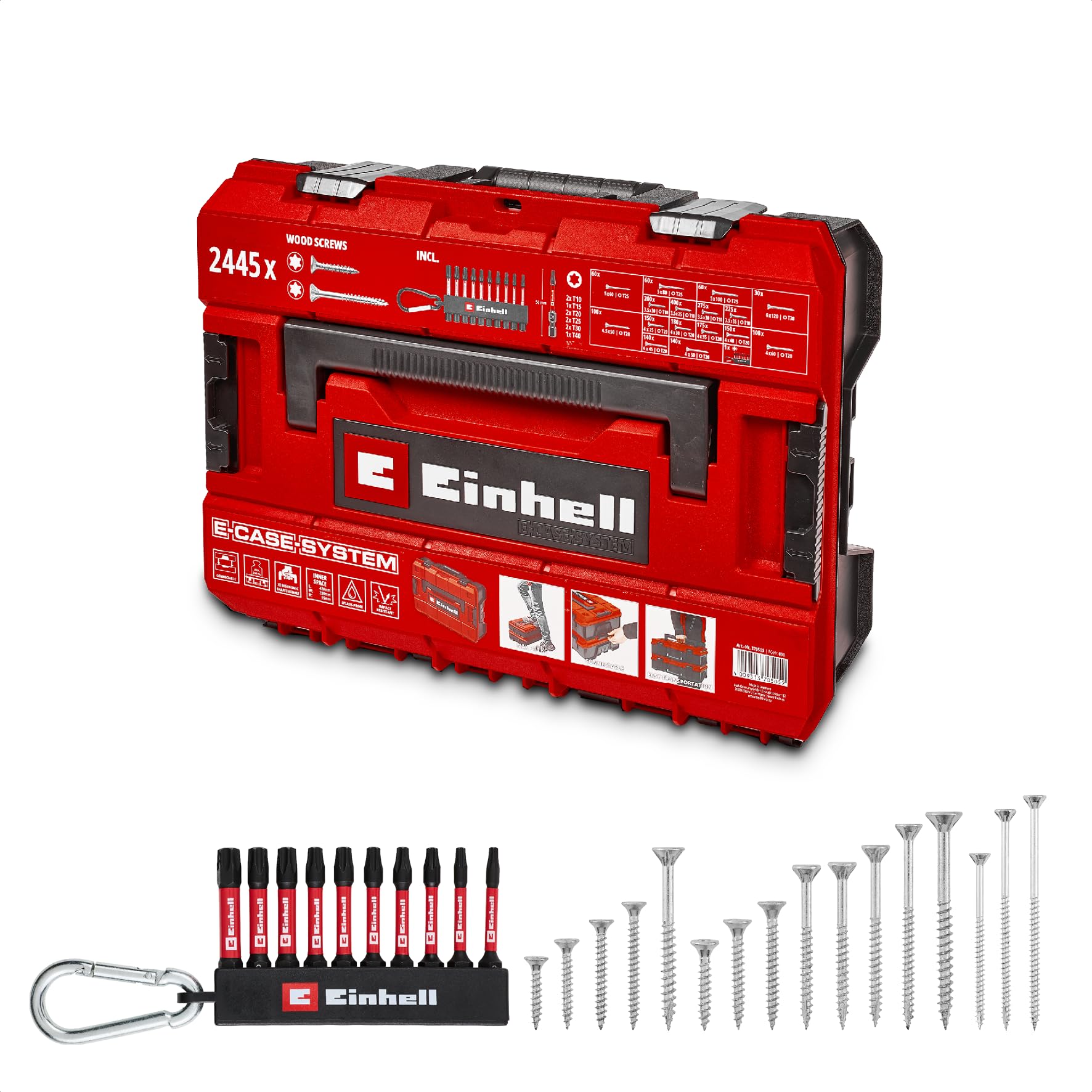 Einhell E-Case 2445 pezzi set di viti | Viti universali | T10-T30 | testa svasata | lunghezza 20-120 mm | valigetta di sistema | incl. set di 10 inserti a impatto