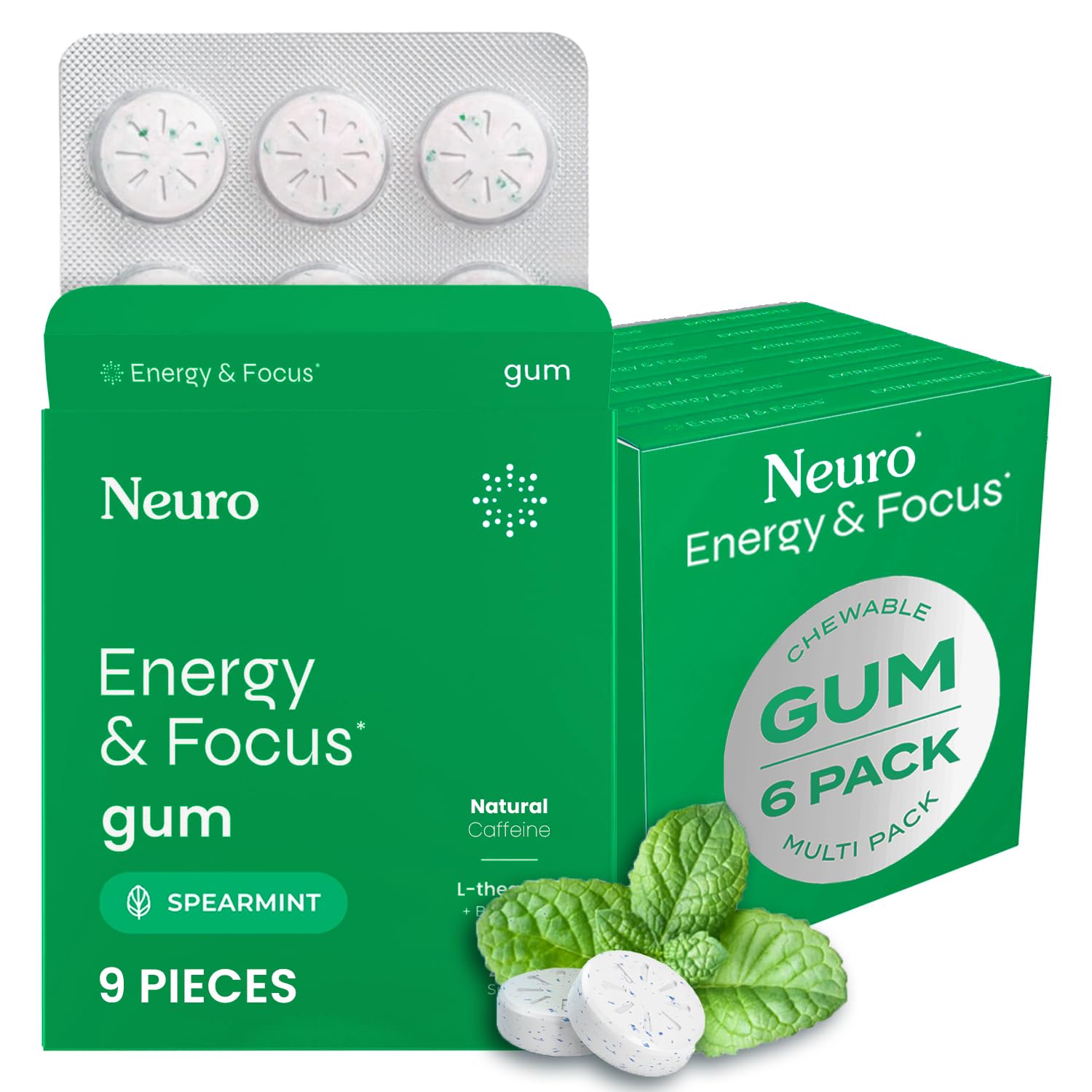 NeuroGumEnergy & Focus Gum (54 Count-6 Pack, Spearmint) | 40mg Natural Caffeine + L-Theanine + Vitamin B12 & B6 + Xylitol | Sugar Free Nootropic Cognitive Brain Performance Supplement