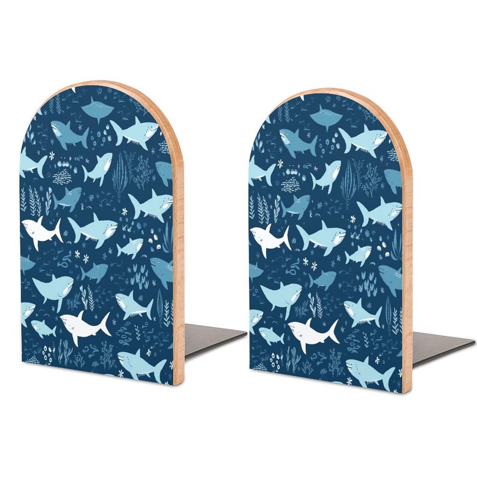 Sharks Bookend for Shelves Non-Skid Book Holder Modern Heavy Duty Bookend Stopper Metal Base Wood Book End Books Shelf Holder Home Decorative 1pair 5x3.9x3.1