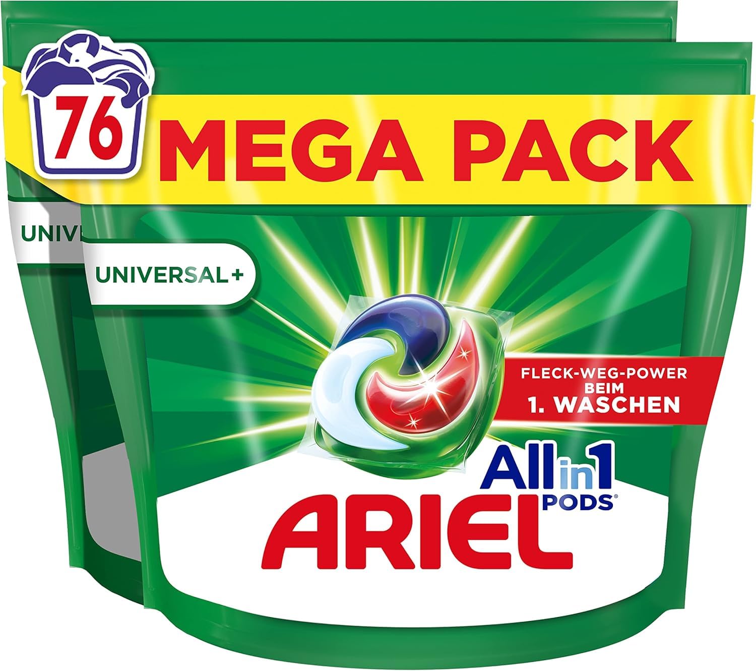 Ariel Allin1 PODS, Flüssigwaschmittel-Kapseln Universal+ 76 Waschladungen, Wirken Selbst Bei 7 Tage Alten, Eingetrockneten Flecken in Kaltem Wasser