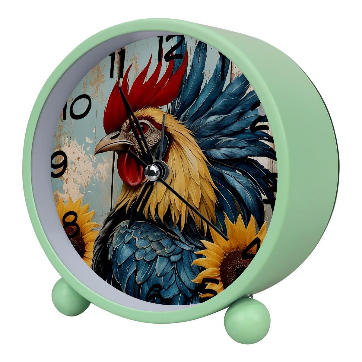 Luoweisi Analog Alarm Clock Rooster Sunflower Rustic Plank, Silent Non-Ticking with Night Light, Battery Operated, Round Desk Alarm Clock for Office, Bedroom, Elderly, Adults, Children, Student Gifts
