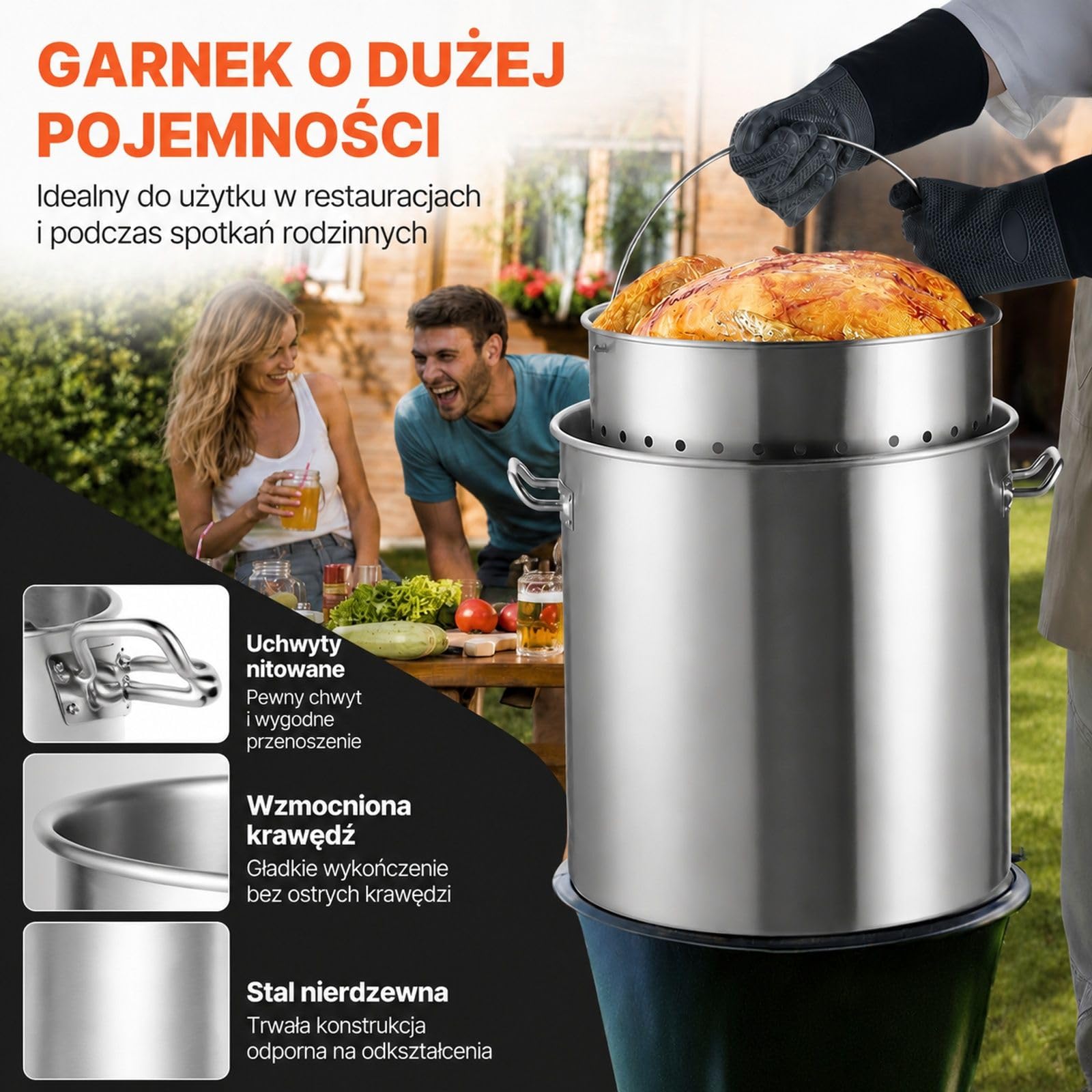 Garnek do sosu 79,5 l ze stali nierdzewnej z pokrywą i koszem, do kuchni oraz restauracji