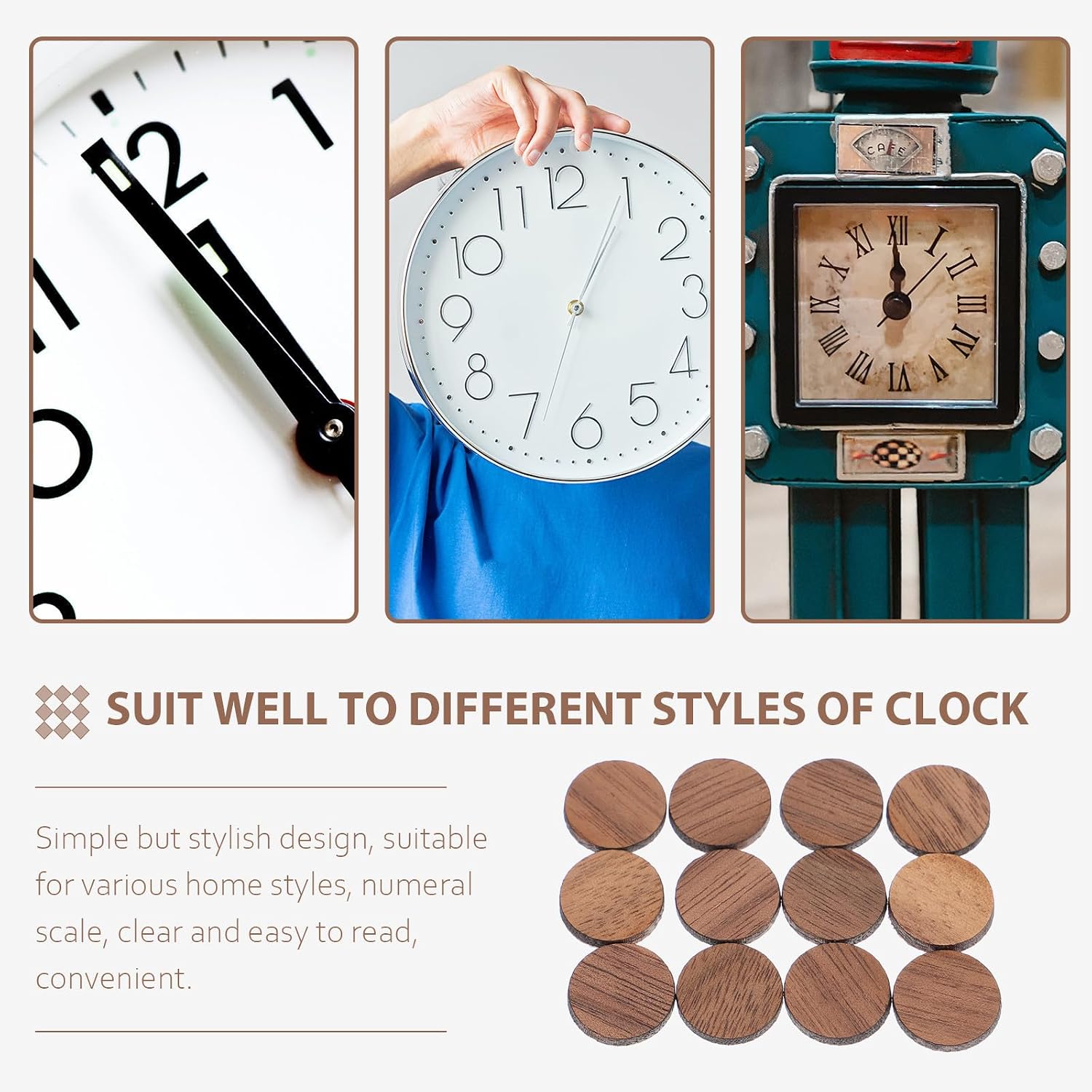 DIY Clock Numerals Kit Brown Wooden Replacement Numbers for Wall Clock | Roman Numeral Set, Easy-to-read Markings, Decorative Repair Accessory for Living Room Use