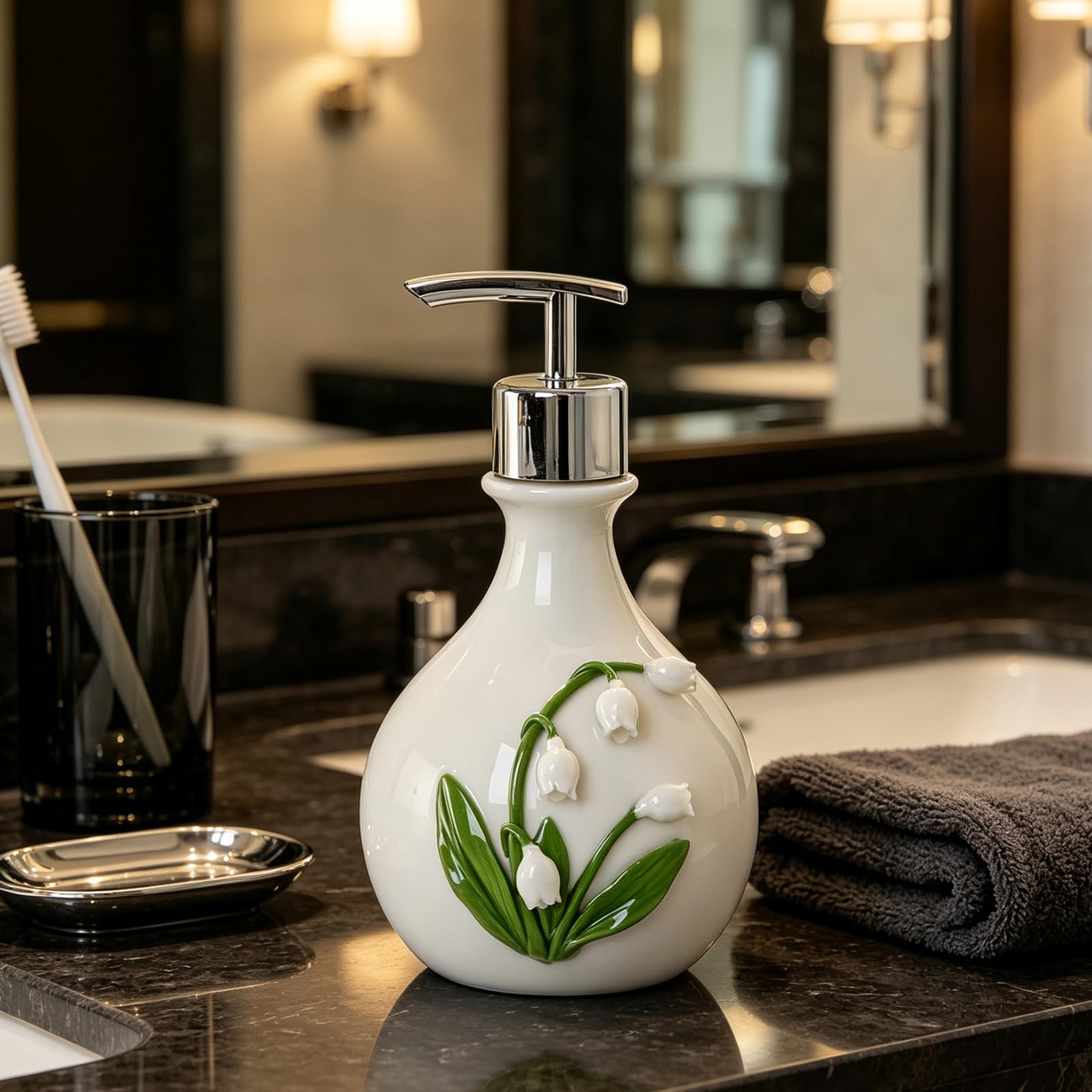 Dispensador de jabón de cerámica con Relieve Floral, Botella de de loción de baño, decoración de mostrador de Flores de Valle para Lavabo, baño de Invitados, dispensador de jabón de de