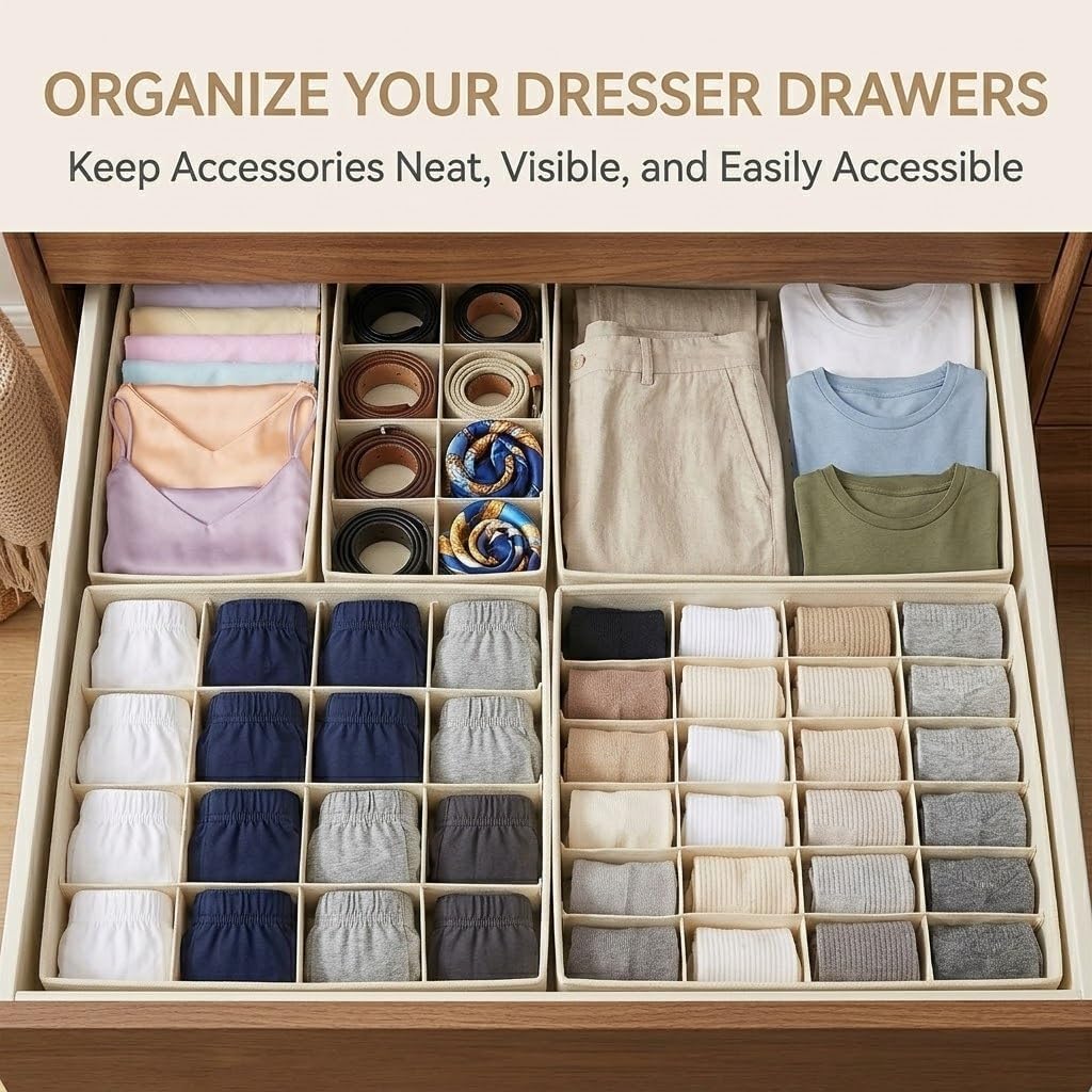 Lourome Underwear Drawer Organizer, 10-Pack Foldable Fabric Drawer Dividers (Fits Standard 13"+ Dressers), 55 Compartments for Socks, Bras, Ties — Bedroom, Closet & Bathroom Storage Bins(off-white)