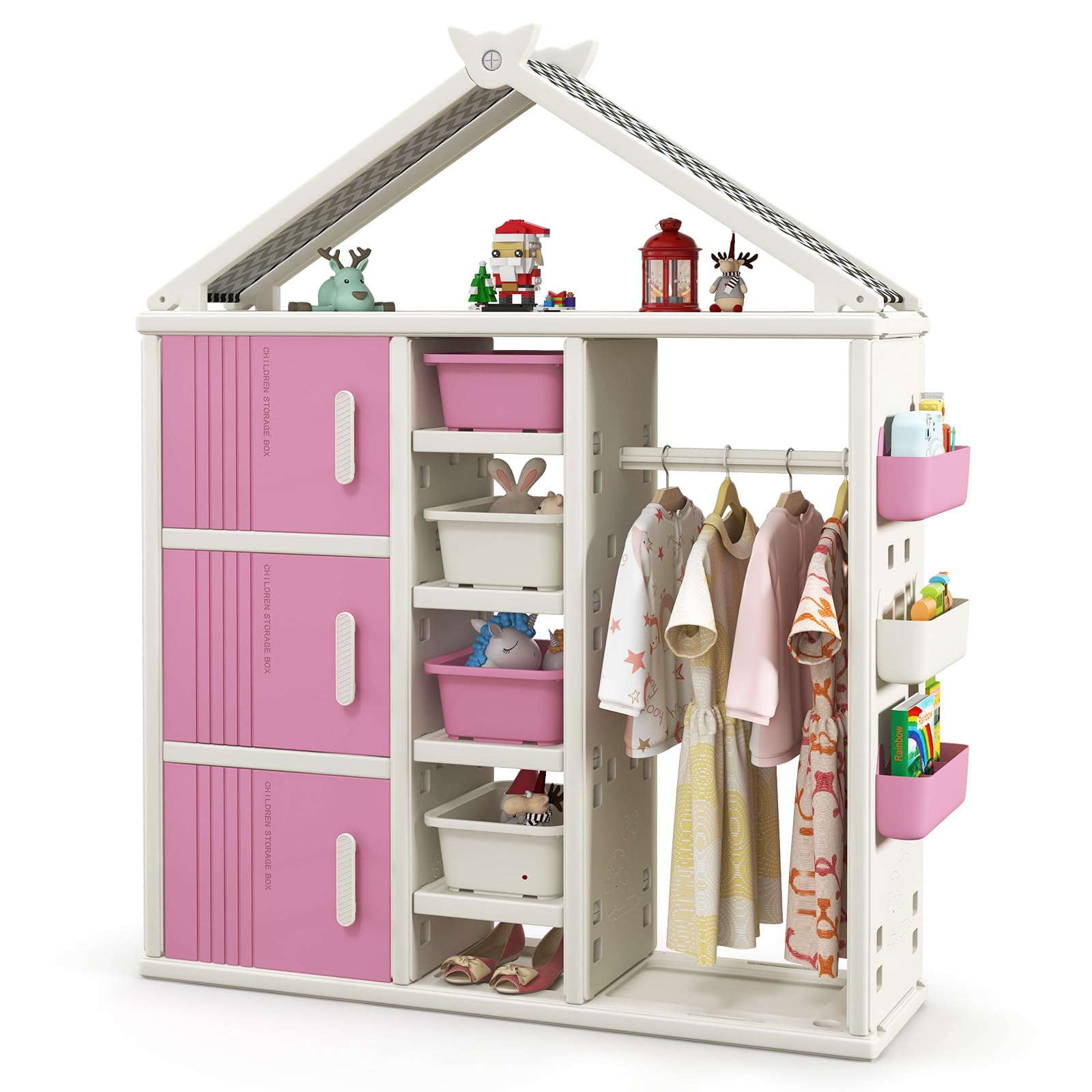 COSTWAY Kids Storage Closet, Children Wardrobe with Clothes Rail, Toy ...