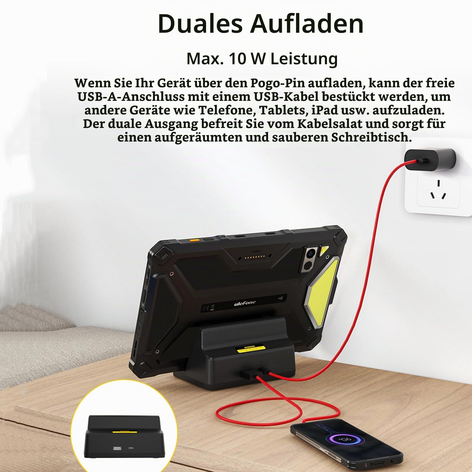 Ulefone 10W Schreibtisch-Ladedock, Armor Pad 4T/4 Ultra Tablet Ladestation, Kabelloses Laden, Standfest, Doppelausgang, 2-in-1 Ladehalterung mit Pogo Pin, für Armor Pad 4 Serie