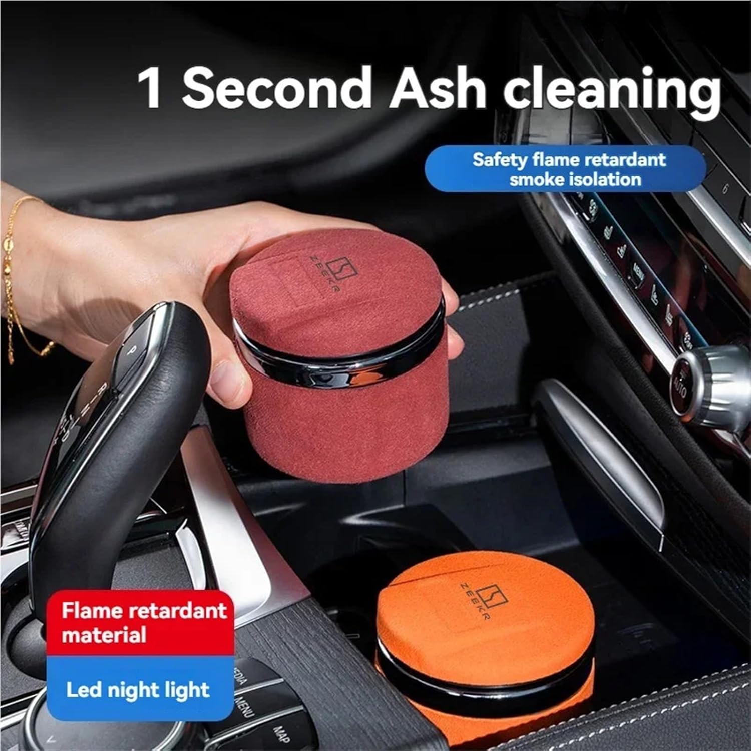 Car Suede Ashtray With Blue-Ray LED Light Creative Ceramic Cigarette Holder With Logo Compatible With Zeekr Accessories(Green-A)