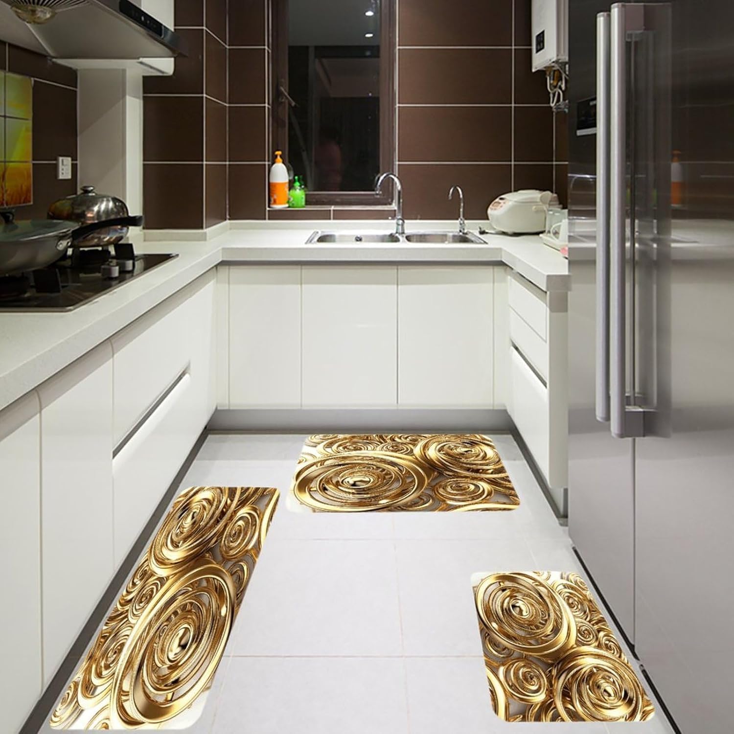 Golden Wire Spiral Kitchen Mats for Floor 3PCS Waterproof Low-Profile Kitchen Rugs Floor Mat Non Slip Anti Fatigue Mats Comfort Standing Mat Runner Rug Area Rug 6"x24"+20"x31"+17"x47"