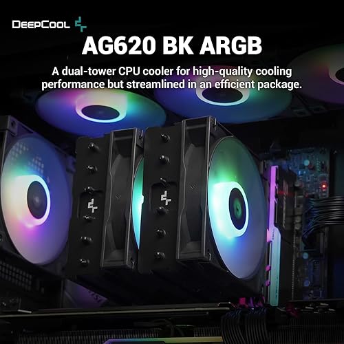 Miniatura 3 de DeepCool GAMMAXX AG620 BK ARGB Enfriador de aire para CPU de 260 W, TDP, 6 tubos de calor de cobre, enfriador de CPU de doble torre con ventiladores