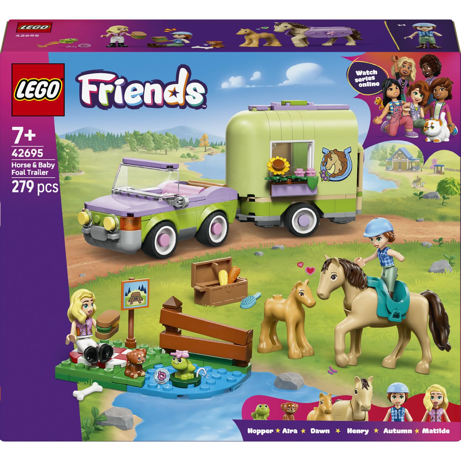 LEGO Friends Pferd und Fohlen mit Pferdeanhänger 42695 | Spielzeug ab 7 Jahren für Mädchen, Pferde Spielset & Pflegezubehör, 4 Tierfiguren, Auto & 2 Mini Puppen, Geschenk, 279 Teile