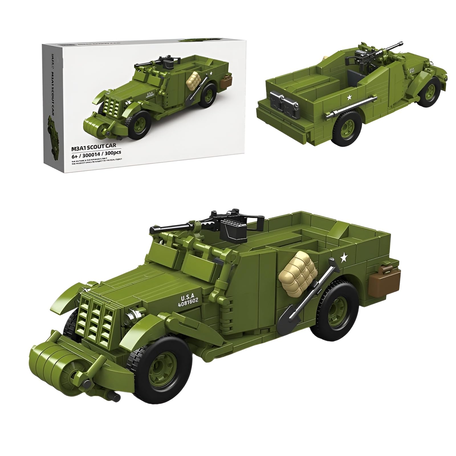 QuirkQuest M3A1 Reconnaissance Car 1:35 Building Blocks Set, 300PCS Military Weapons Vehicle Tank Model Toys, STEM WW2 Army Car Building Bricks Kit, Ideas Gifts for Teens Adults