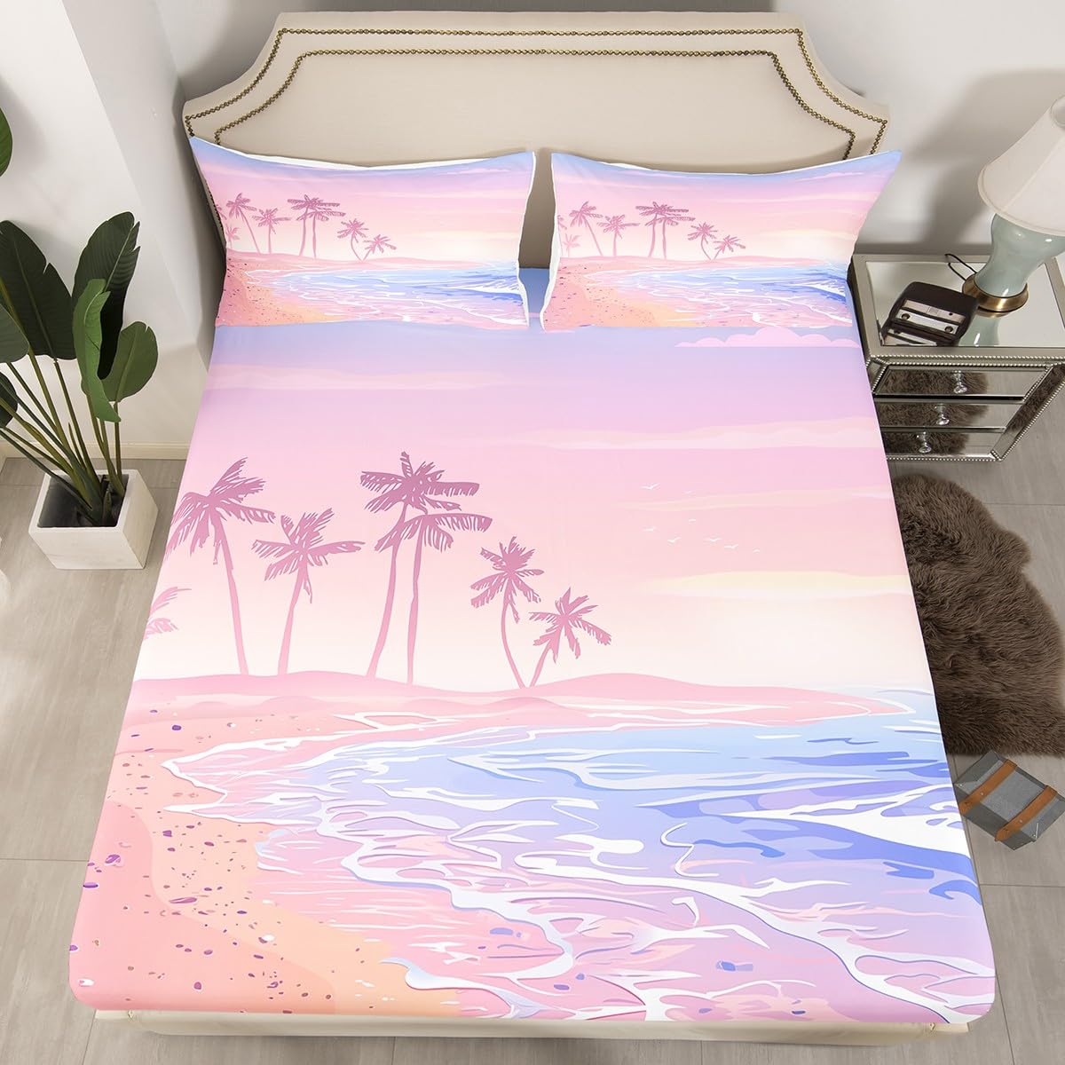 Pink Beach Comforter Set Full Size,Coconut Tree Bedding Set 12 thumbnail image