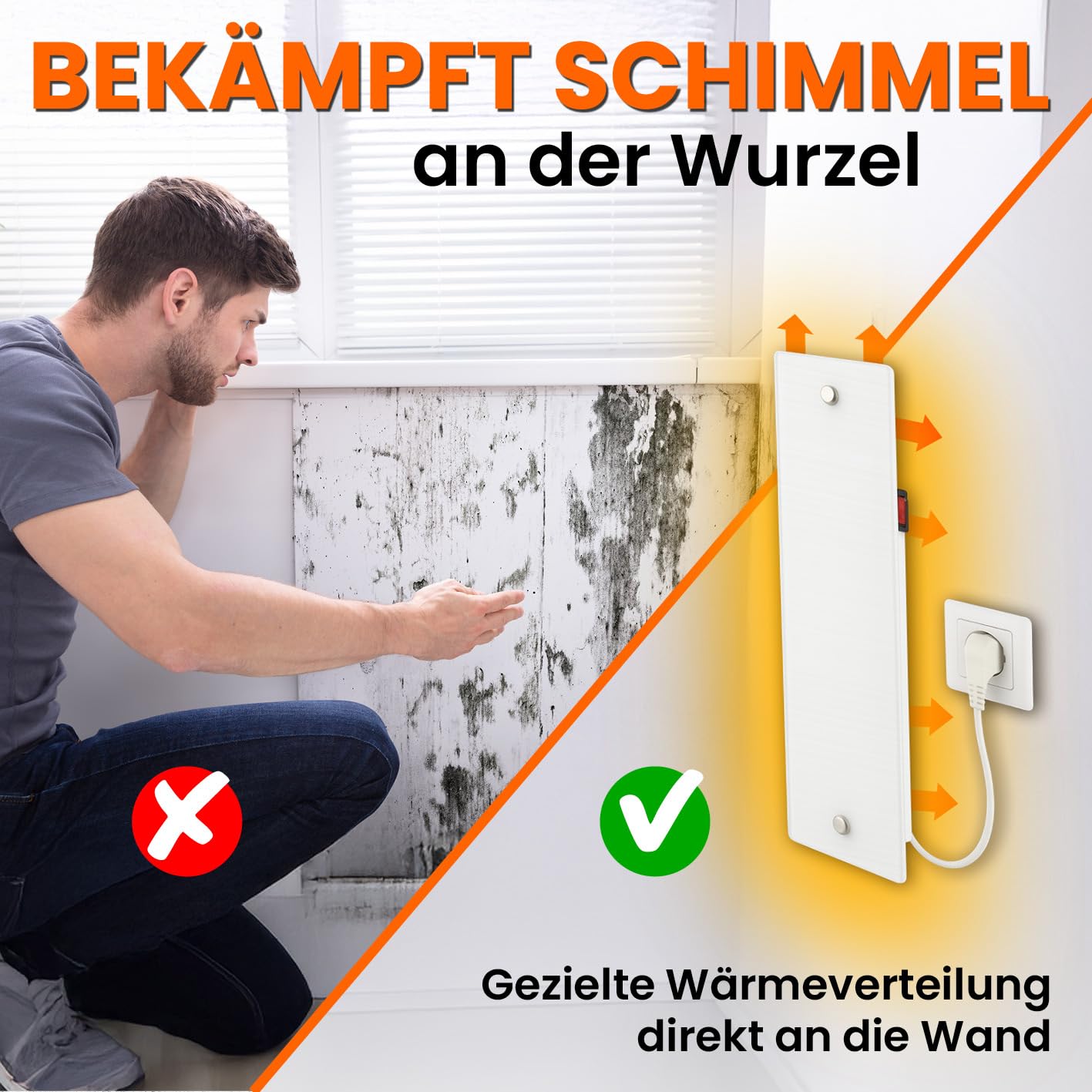 Tonis SCHIMMELSCHOCK 2x Glaspanel Anti-Schimmel-Heizung zur Schimmelbekämpfung plus Verbindungskabel | Wandheizung trocknet kalte, feuchte Wände & behebt die Ursache für Schimmel