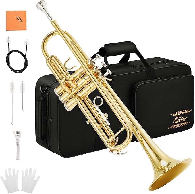 Eastar Bb Standard Trumpet Set for Beginner, Brass Student Trumpet Instrument with Hard Case, Cleaning Kit, 7C Mouthpiece and Gloves, ETR-380, Golden