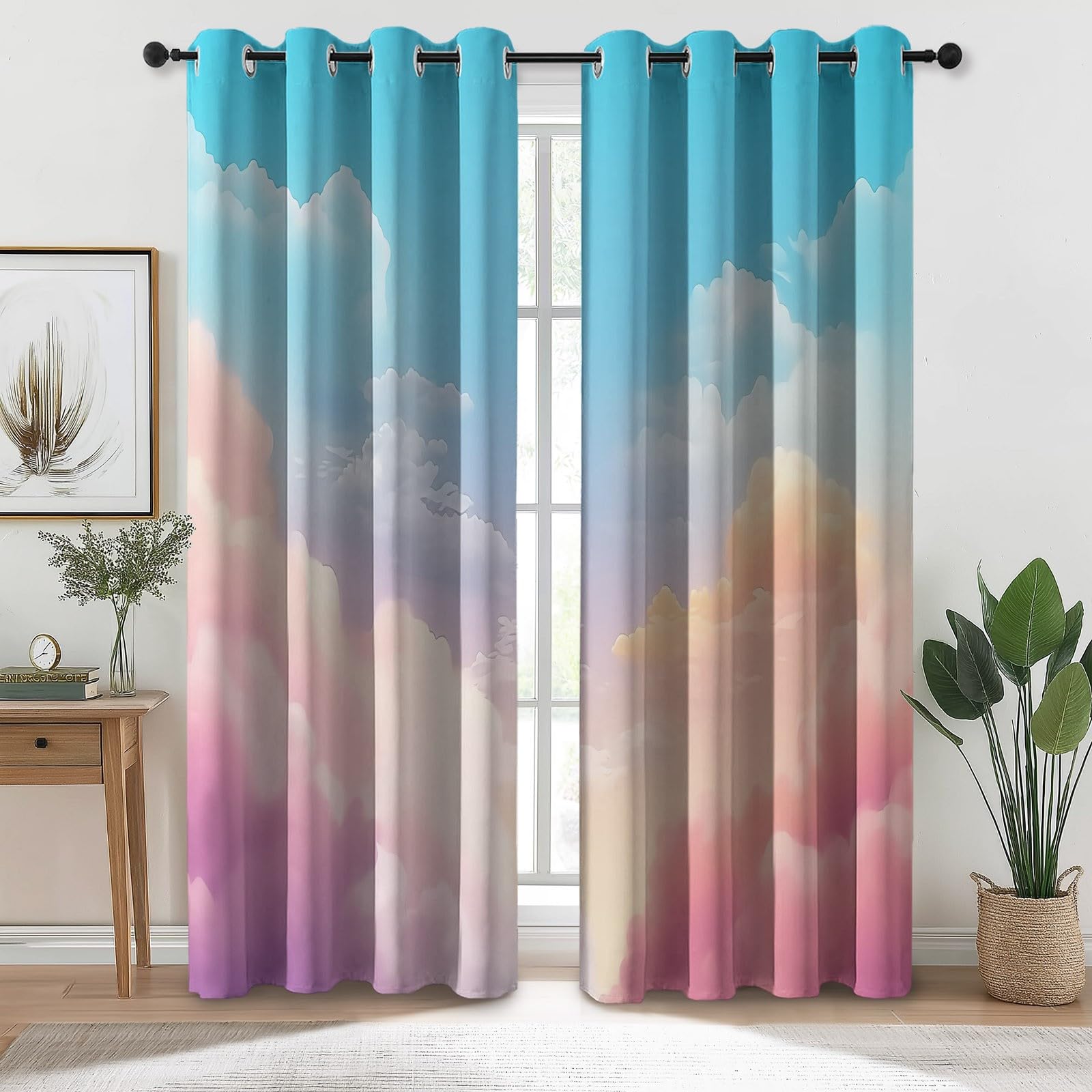 Décoration Nuages Oniriques Ciel, Rideaux Longs 140L X 260H cm (2 Panneaux), Tissu Occultant Thermique pour Baie Vitrée, Rose Bleu