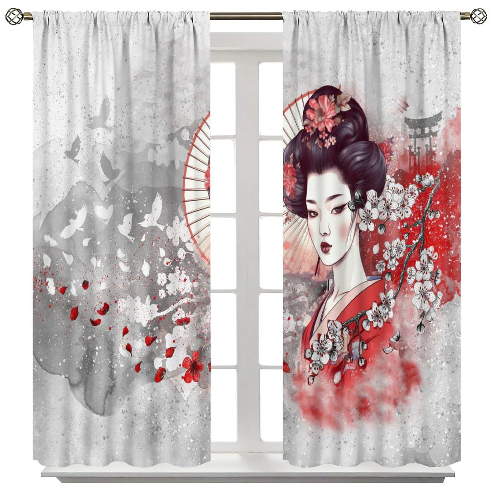 Yearn Jear Red Geisha Girl Curtains Japanese Style with Cherry Blossoms Traditional Kimono Folk Culture Style,Rod Pocket Drapes for Living Room Bedroom Kitchen 42x45 Inch Decor