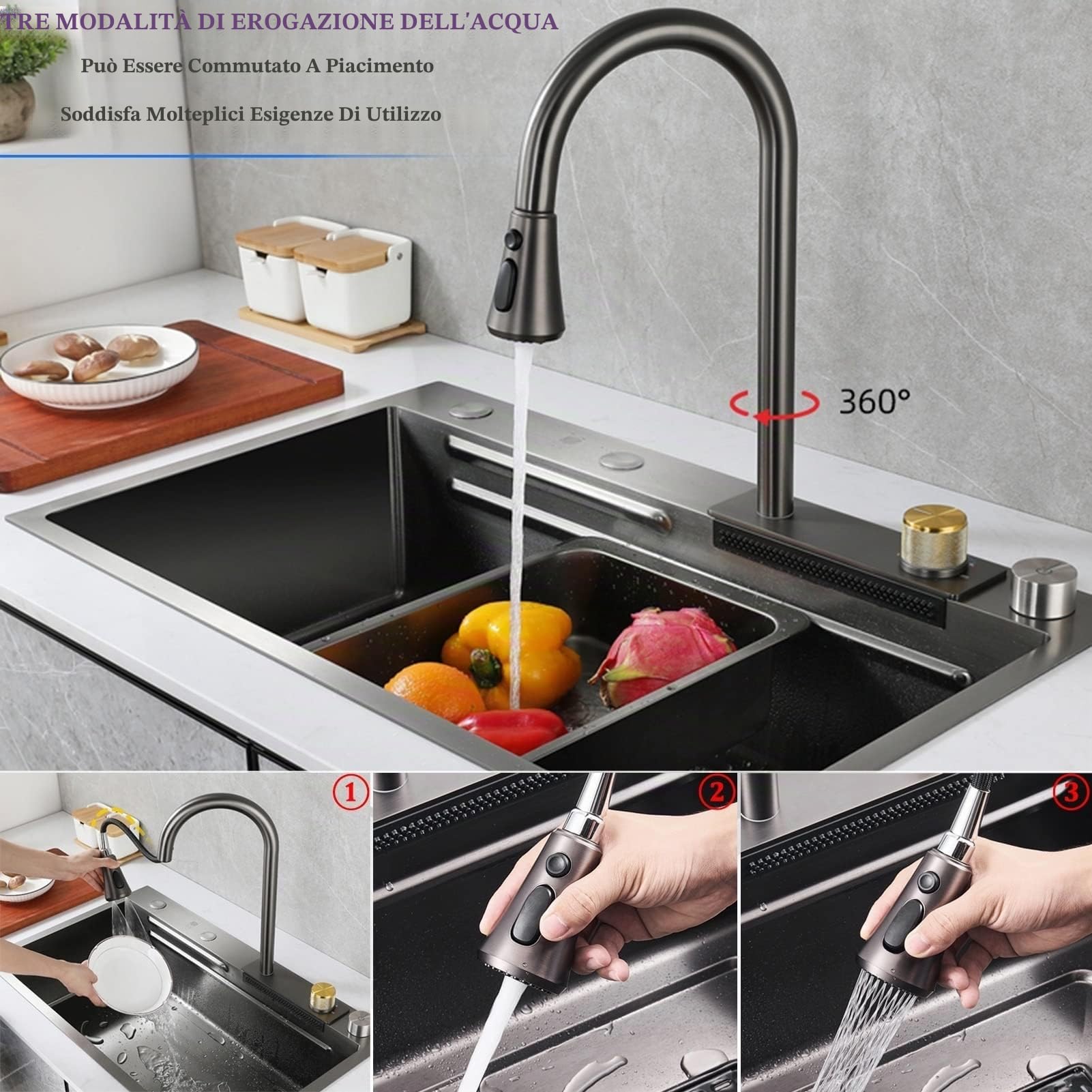 Lavello Cucina 80x45 cm con Effetto Cascat,Lavello Moderno e Multifunzionale Workstation,Lavello in Acciaio Inox 1 Vasca con Rubinetto,Tagliere,Bacino di Scolatura,Dispenser Sapone e Lavabicchieri