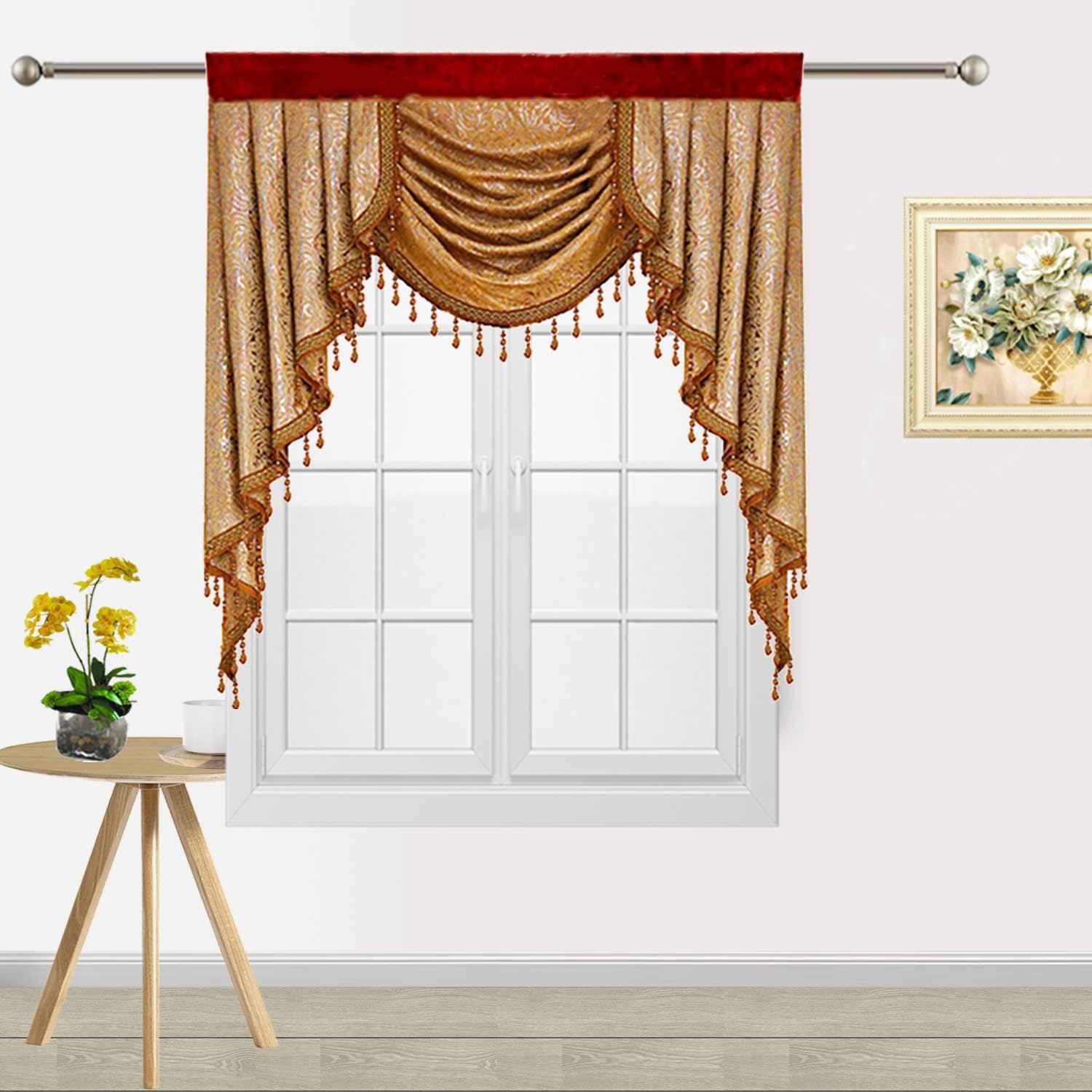Gold Brown Waterfall Valance Swag to Match European Curtain Luxury Gold or Brown Blackout Curtain Rod Pocket Window Treatments Valance for Living Room 1 Panel 39 inch Width