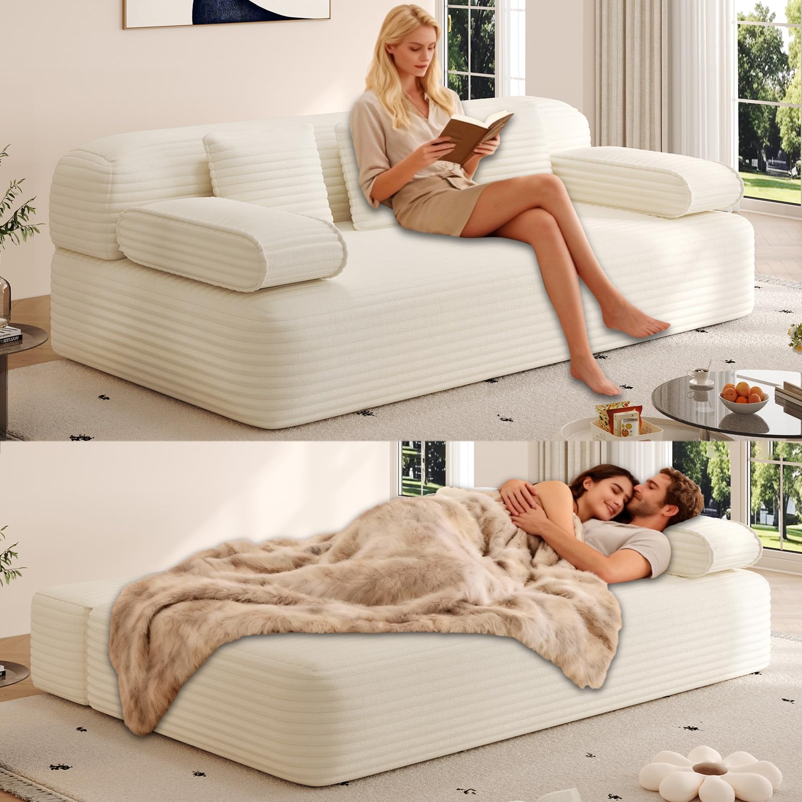 79 Convertible Sofa Bed Queen with Super Wide Arms Boneless Foldable Couch Bed with 3 Pillows for Adults