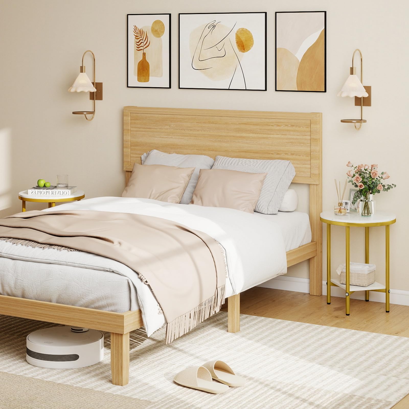 GIANTEX Tavolino effetto marmo oro con 2 ripiani | Tavolino rotondo in legno con telaio in metallo, piccolo tavolino da salotto moderno, diametro 40,5 x 51 cm