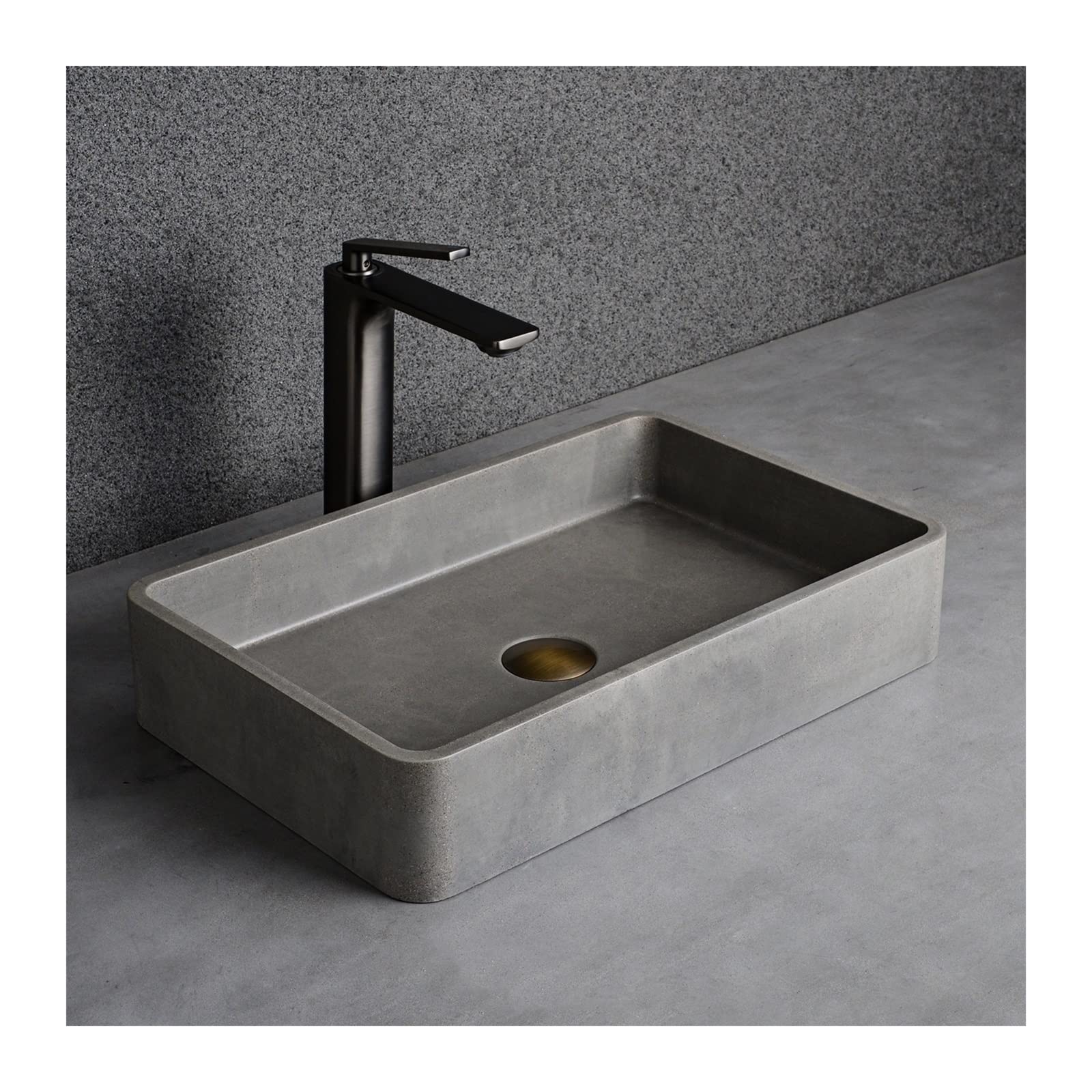 Betonowy zlew łazienkowy, prostokątny zlewozmywak 50 x 32,5 cm, matowe wykończenie pod umywalkę, nowoczesny design blatu, idealny do stylowych aktualizacji łazienki
