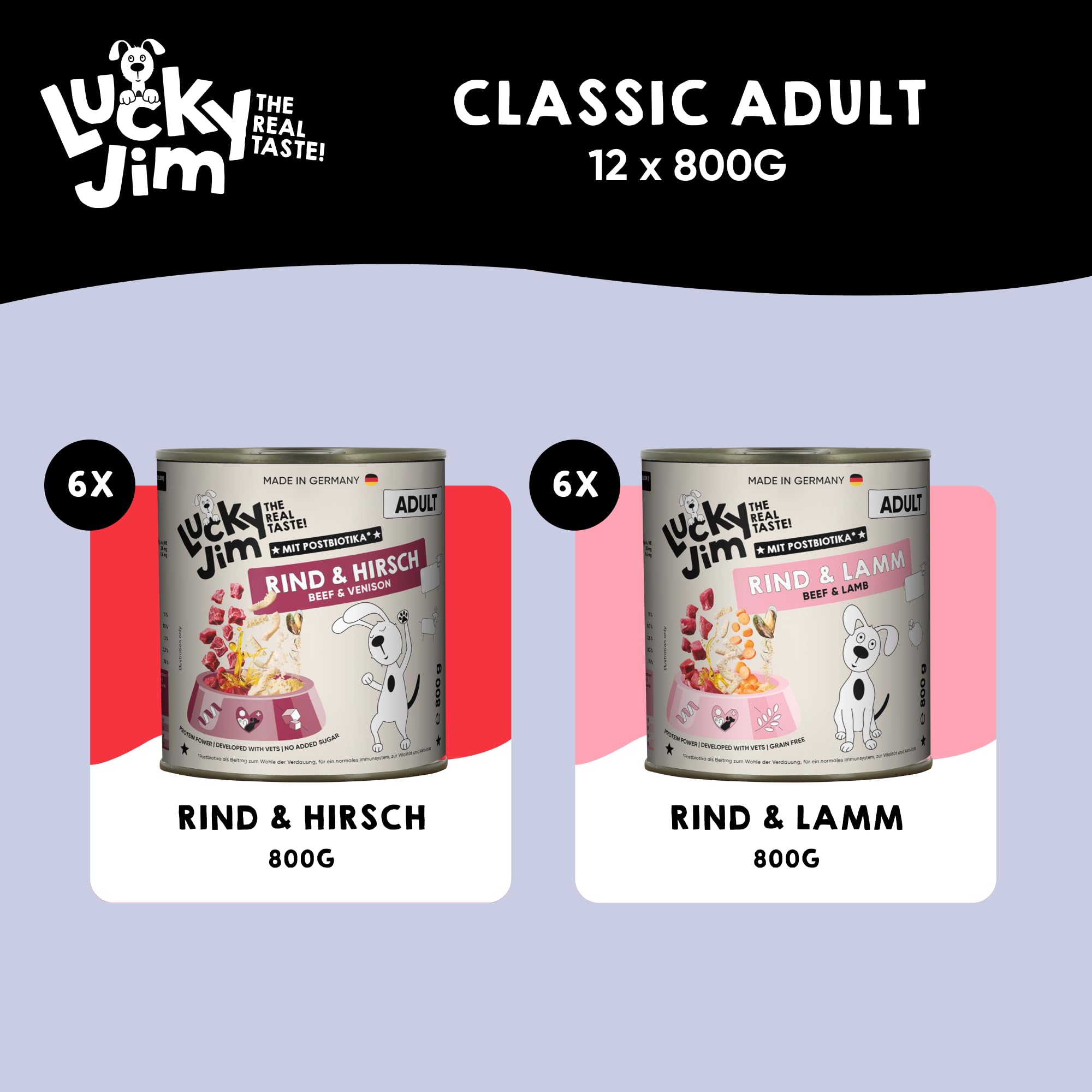 LUCKY JIM Rind, Lamm & Hirsch Hundefutter nass - 12 x 800g Dosen - Nassfutter für Hunde, ohne Zuckerzusatz & mit Postbiotika für die Verdauung, Made in Germany - mit Tierärzten entwickelt