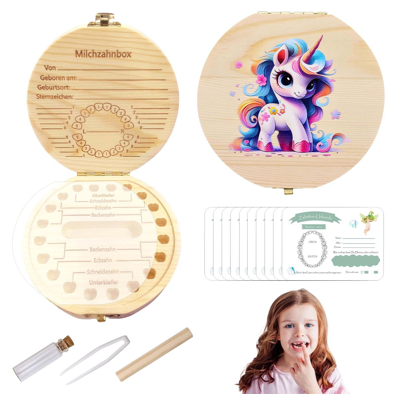 LETTERASHQP Zahndose Milchzähne Milchzahndose Einhörner Zahnbox für Milchzähne Mädchen Zahnboxs Holz Zahnschachtel, Zahnbox für Zahnfee Geschenke Mädchen