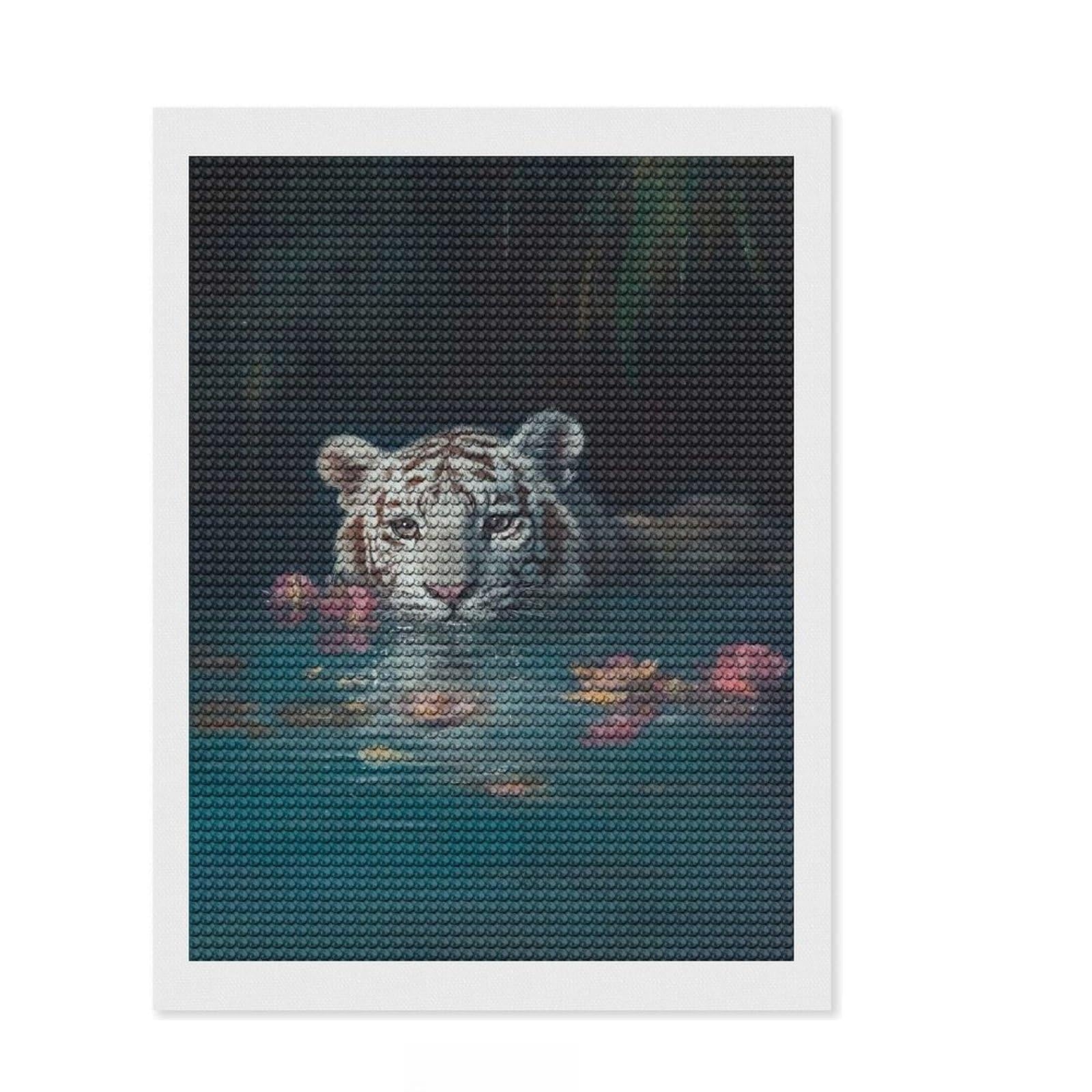 Junmoney White Tiger in Water Diamond Art Canvas 12"x16", Finish and Display, Sparkling Round Gems, Easy Handmade Project, Home Wall Decor