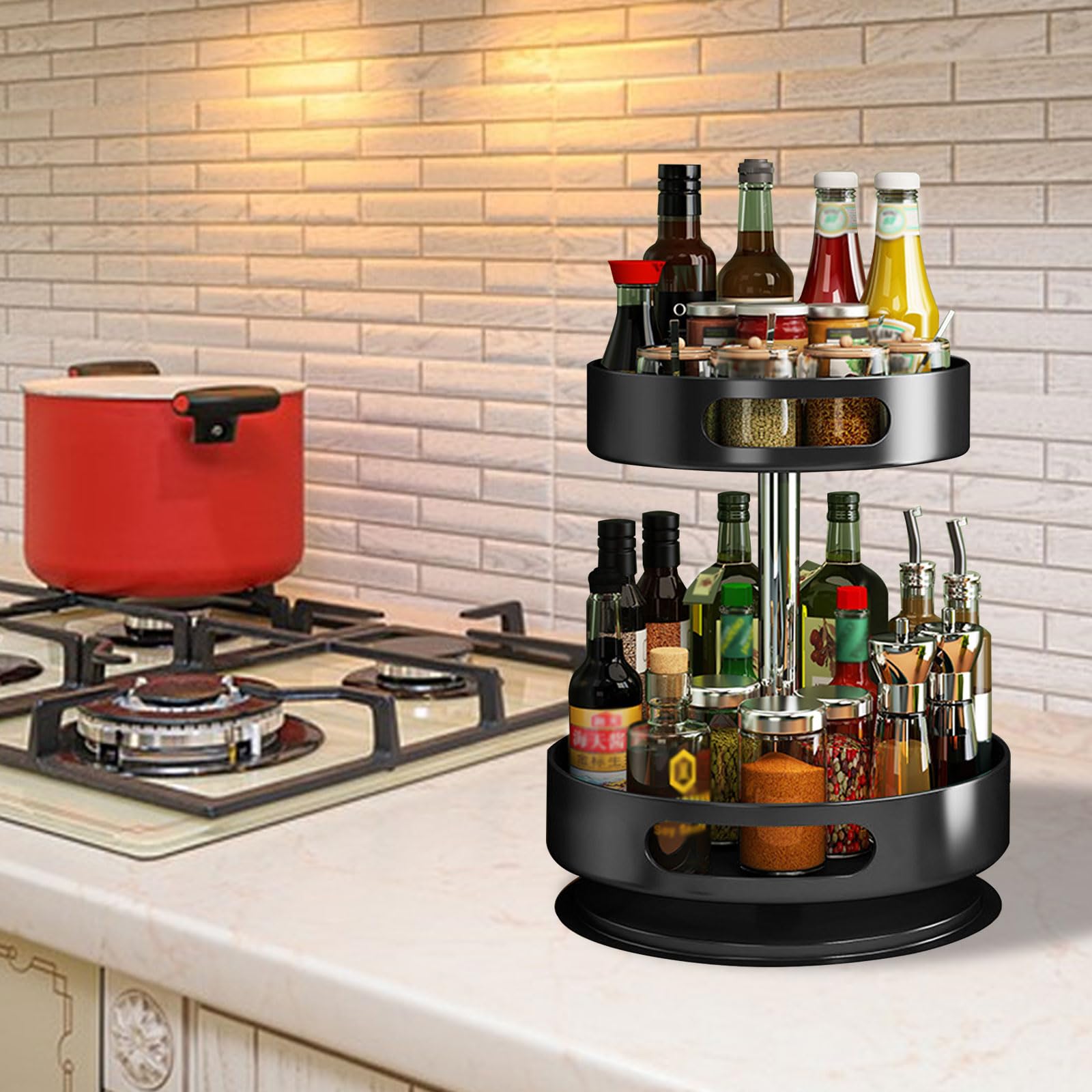 2-poziomowy stojak na przyprawy Lazy Susan, obrotowy metalowy schowek do szafki kuchennej i lodówki, wielofunkcyjny uchwyt na przyprawy do wydajnego przechowywania i nizacji