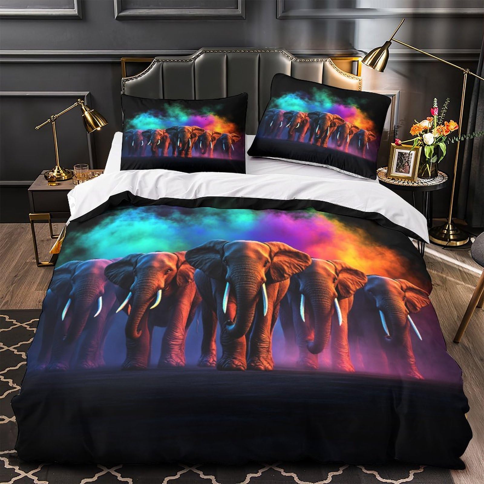 Drap de couette éléphants fumée colorée pour une chambre d'adultes