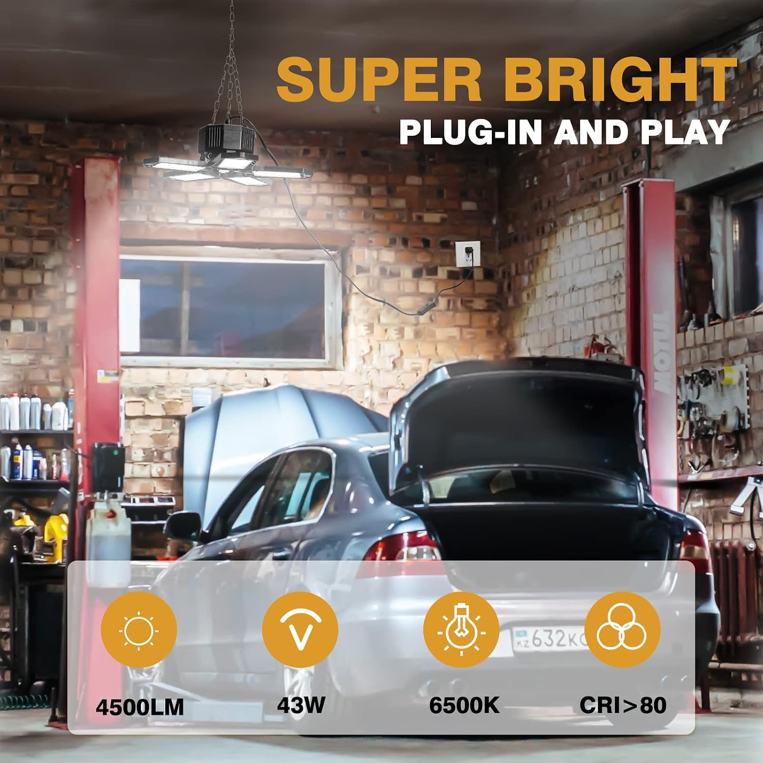 HEY FOLY Plug in LED Garage Light, Upgraded Linkable LED Shop Light with 5 Adjustable Led Panels,100W 10000LM Deformable Led Garage Ceiling Lights for Garage,Basement,Barn(Built-in ON/Off Switch)