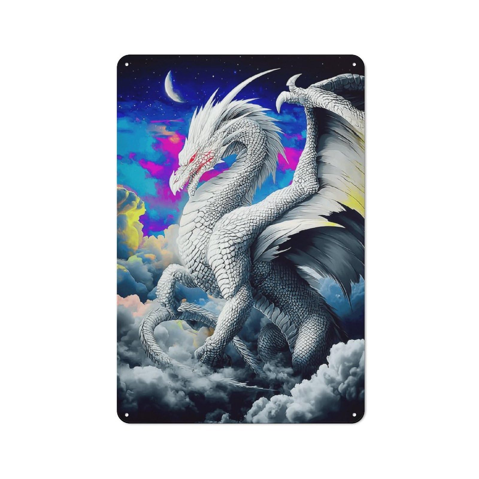 Classic Metal Plaque 30x20cm Featuring White Dragon in Clouds, Bistro Wall Plaque for Kitchen, Cafe, Pantry Or Dining Room