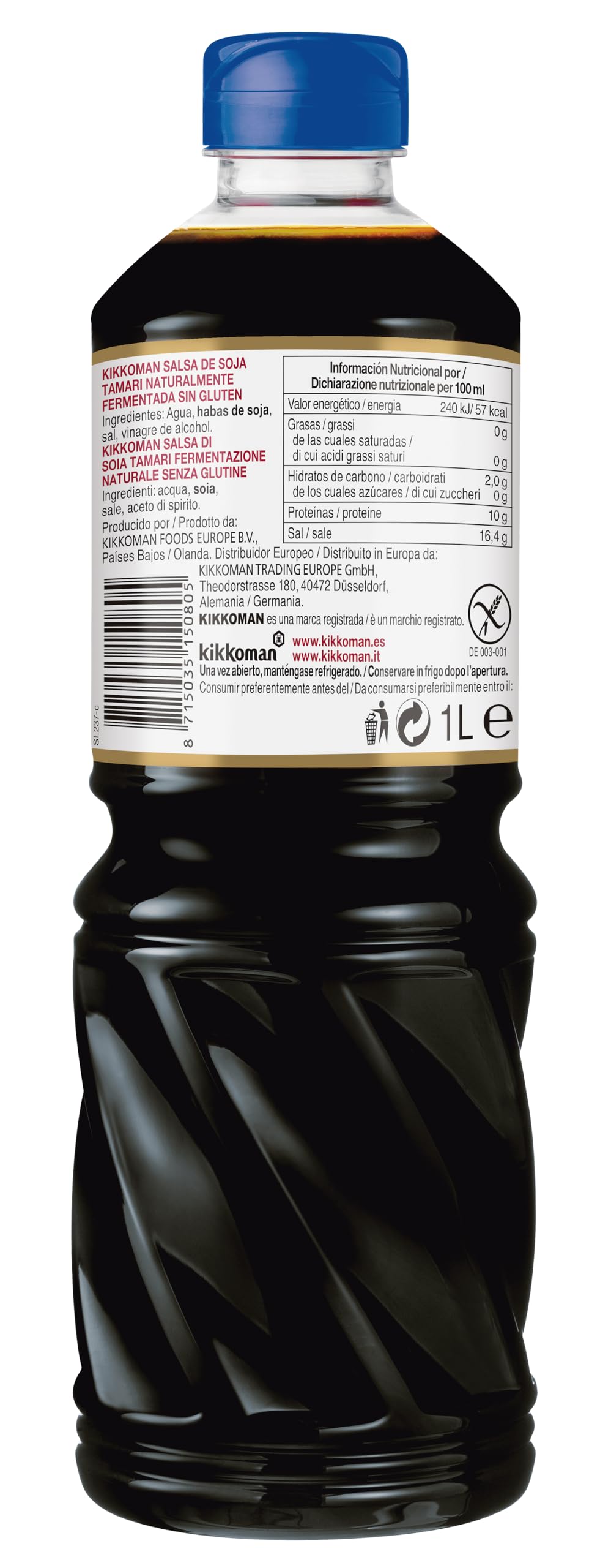 Kikkoman - Salsa de Soja sin Gluten, Fermentación Natural, Halal y sin Gluten, 1000ml