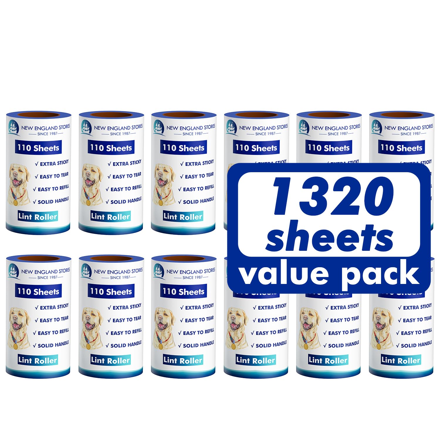 New England Stories White Lint Rollers For Pet Hair Extra Sticky, 1320 Sheets (12 Refills Mega Value Set), Portable Pet Lint Remover For Clothes, Furniture, Carpet, Dog & Cat Hair Removal