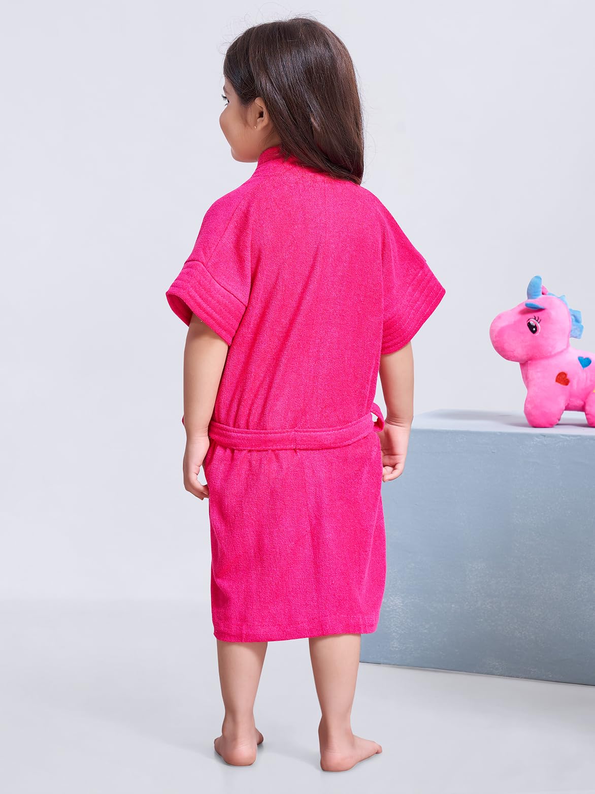 Sanddune Girl's Terry Cotton Half Sleeves, Knee Length Bathrobe Gown with Waist Belt and Pocket (1-2 Years) 3