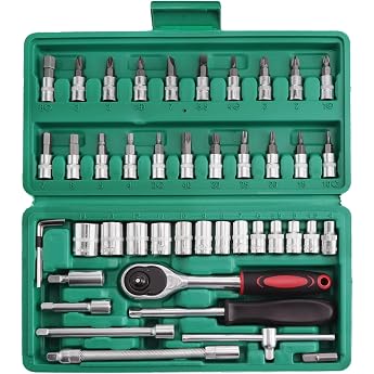 46pcs Socket Spanner Set Flexible Socket Set with Reversible Ratchet for Car Bicycle Motor Colour of Toolbox is Random Green or Black