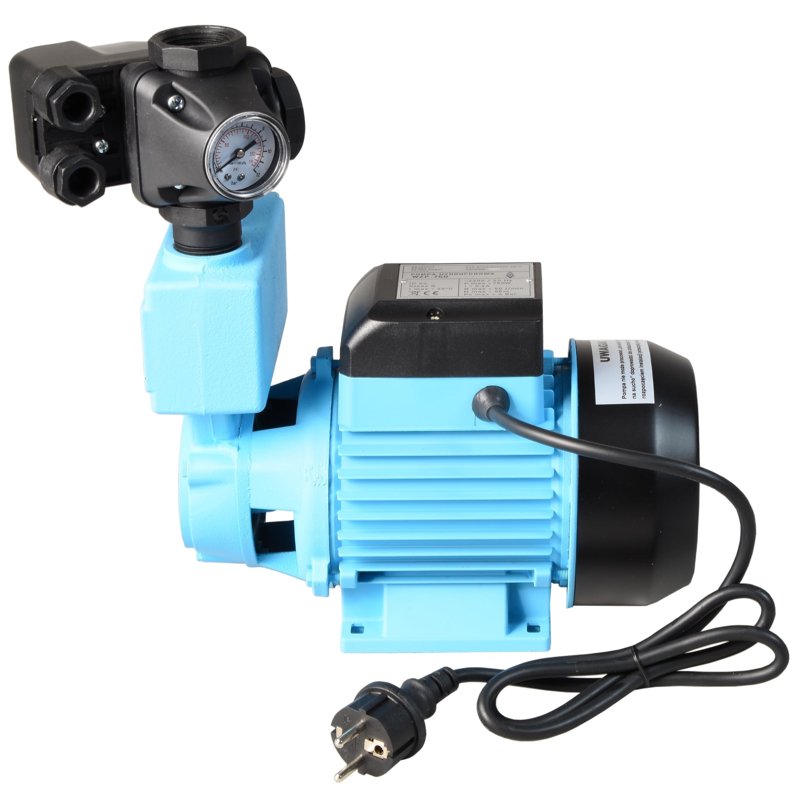 Wasserpumpe WZP 750 mit Moderne Druckschalter zum Tank - Gartenpumpe (750W 3000l/h Förderhöhe 55m) - Gußeisen - Pumpensteuerung Druckwächter - Hauswasserwerk - für Brauchwasserversorgung Bewässerung