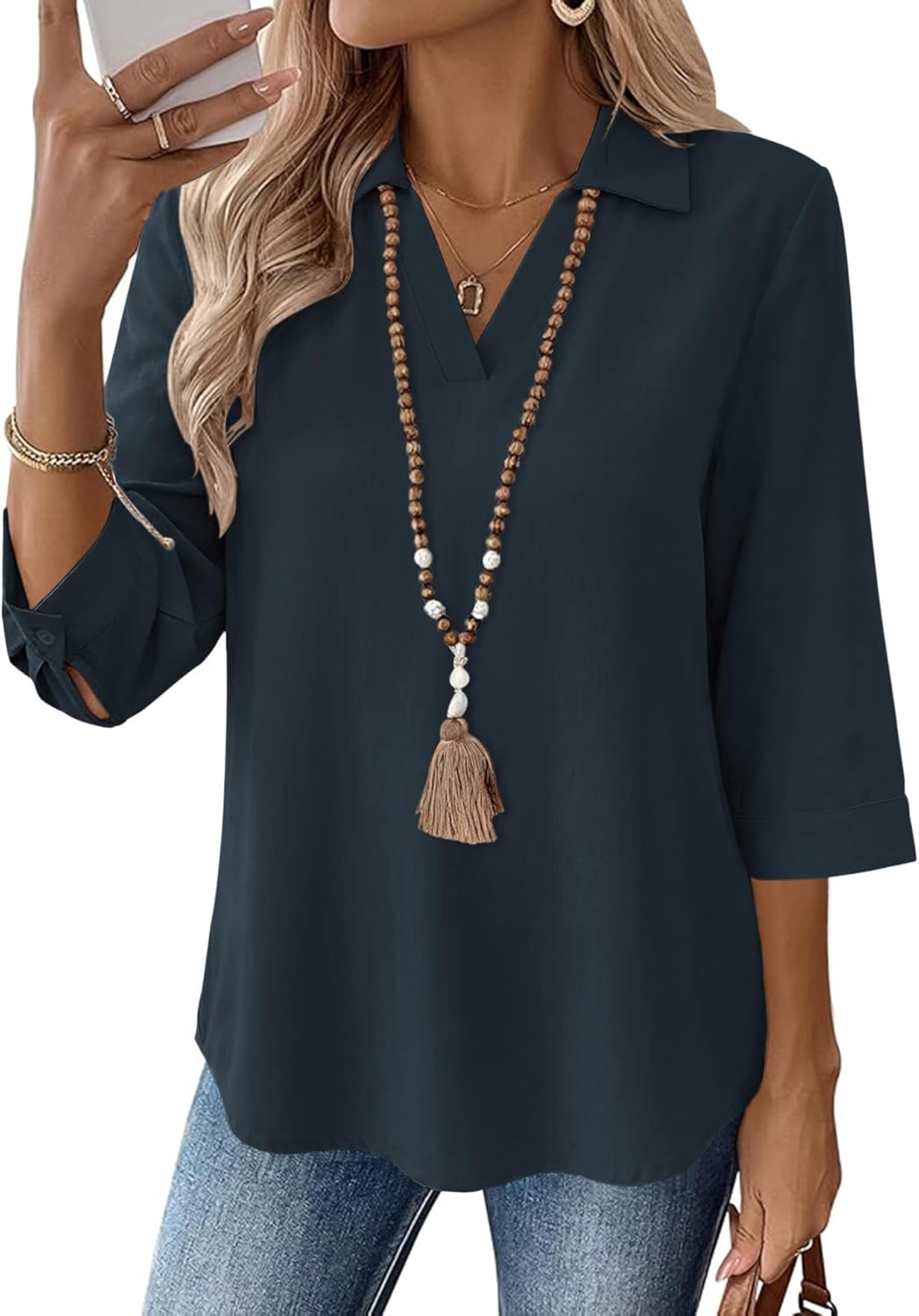 LOMON Womens 3/4 Sleeve Tops V Neck Cotton Linen Work Blouse Polo Shirts for Women Business Casual 2026