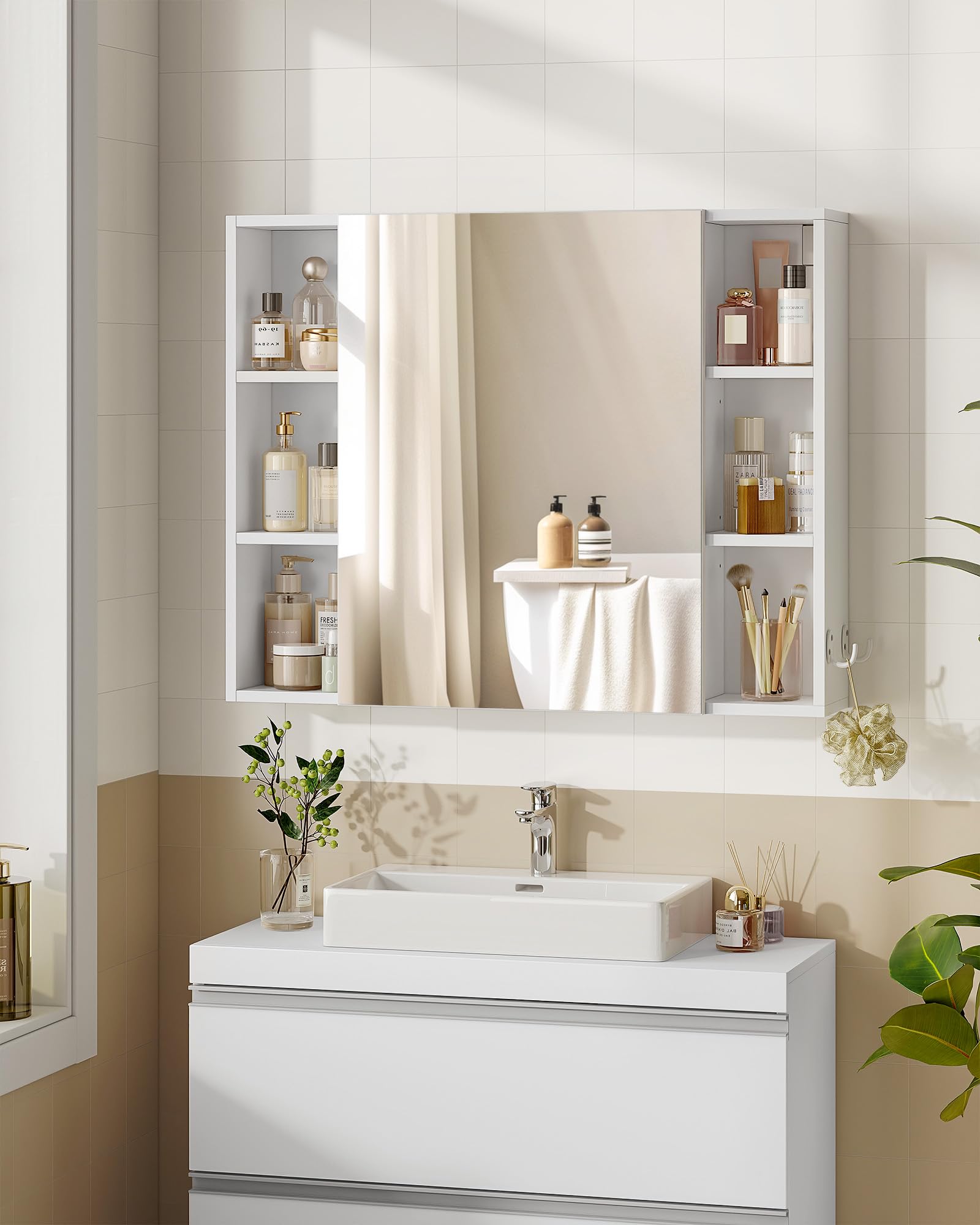 Hzuaneri Specchio Bagno Contenitore, Ripiani Aperti, 16,5 x 80 x 65 cm | Mobile da Bagno a Specchio, Regolabili, Bianco, a Parete, Montaggio Flessibile, MC23303X