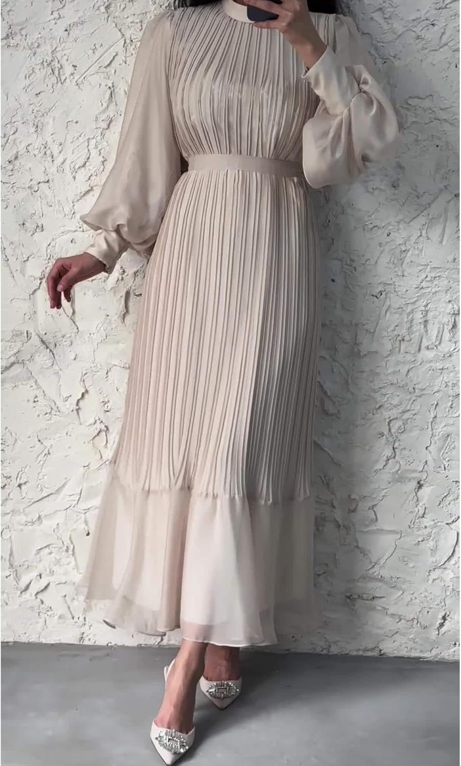 Sexyshine Women's Mock Neck Long Sleeve Full Pleated Chiffon Maxi Dress High Waist Belted A Line Cocktail Party Long Dress - Image 3